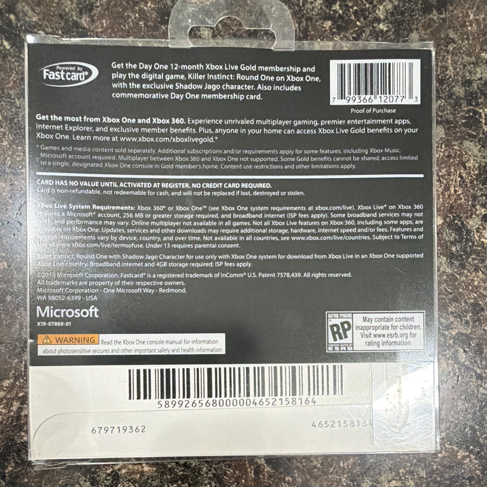 Microsoft Xbox Live Gold 12 Month Membership Day One 2013 Bonus Card
