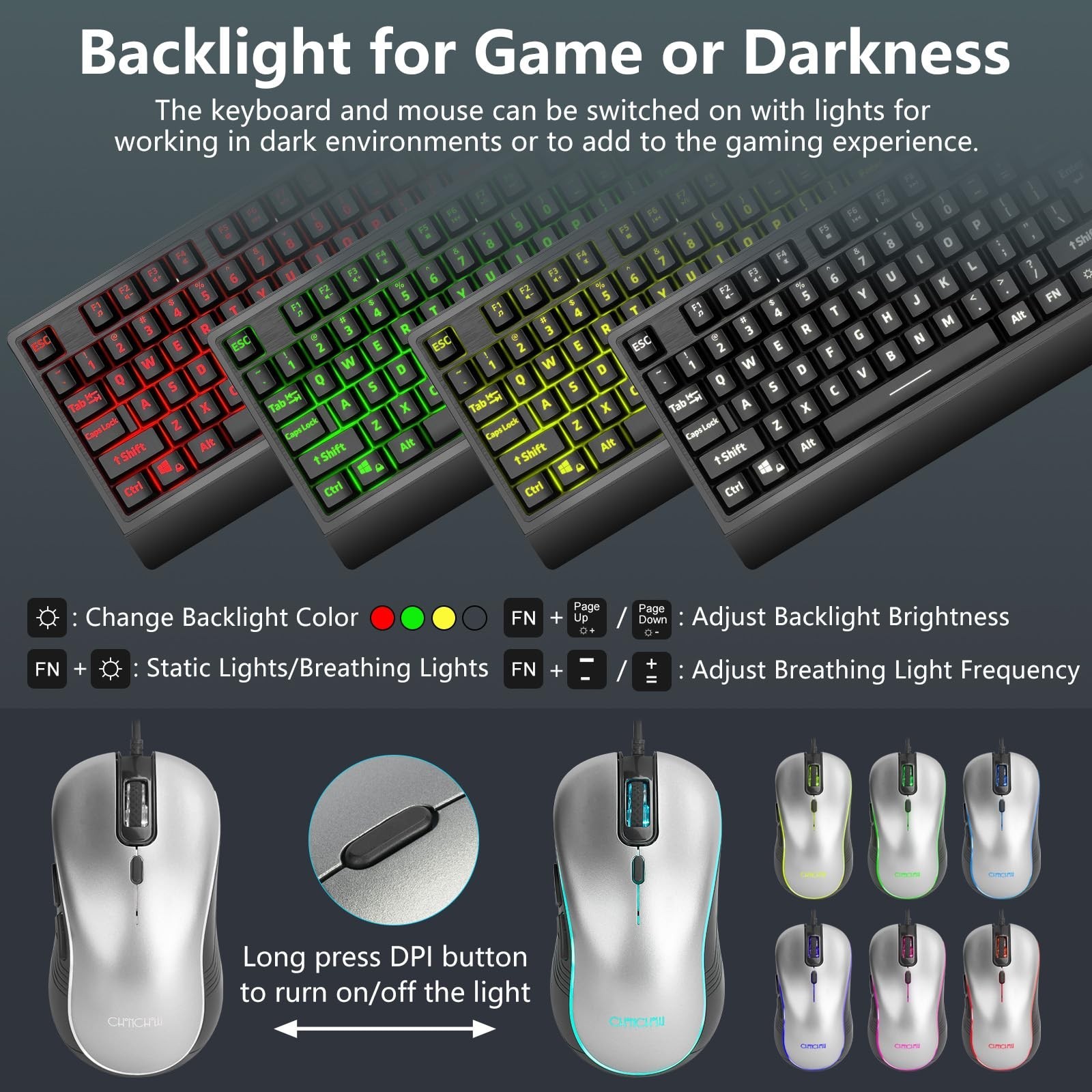 USB Wired Keyboard and Mouse Combo with Red-Yellow-Green LED, Silent Gaming K…