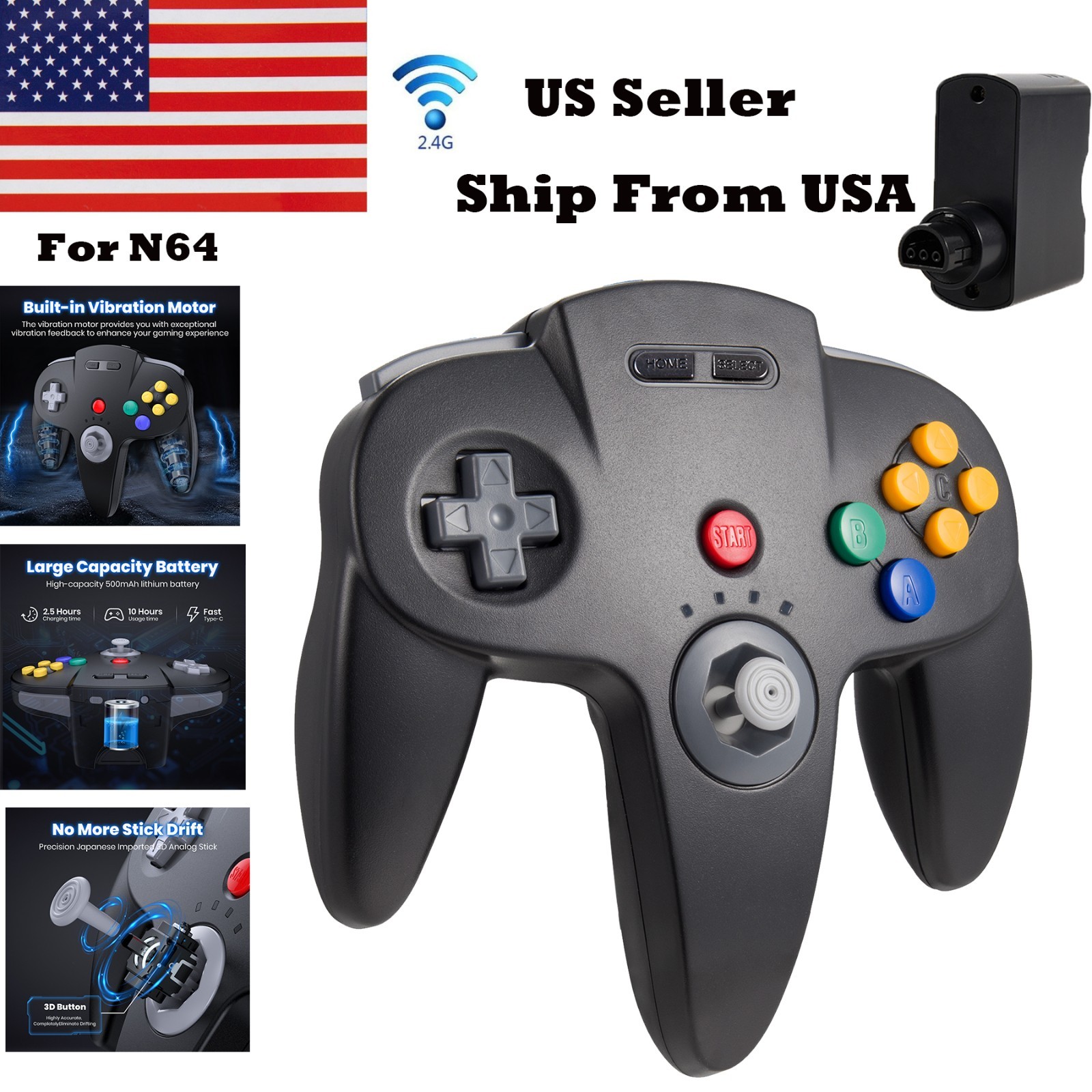 Wireless N64 Controller Rechargeable Gamedpad w/Rumble Pak for Nintendo 64 N64