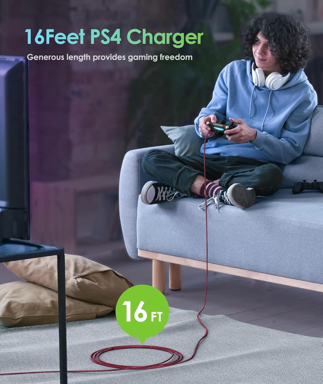 16 FT PS4 Controller Charger Charging Cable, Nylon Braided Extra Long Micro U…