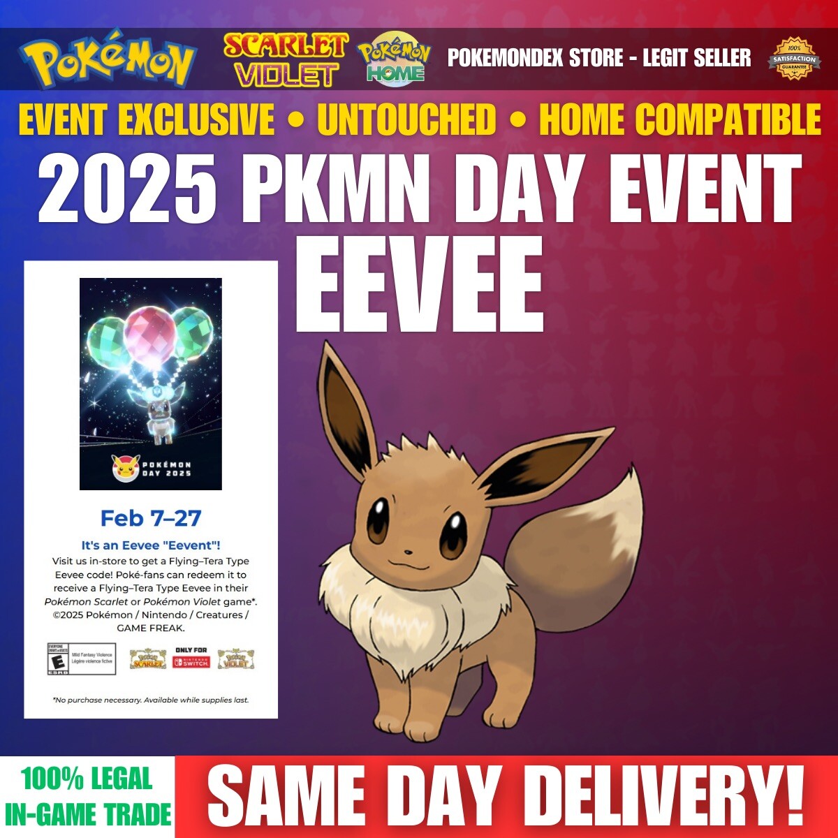 FLYING EEVEE ⭐️ 2025 POKEMON DAY EVENT ⭐️ UNTOUCHED ✨ Pokemon Scarlet And Violet