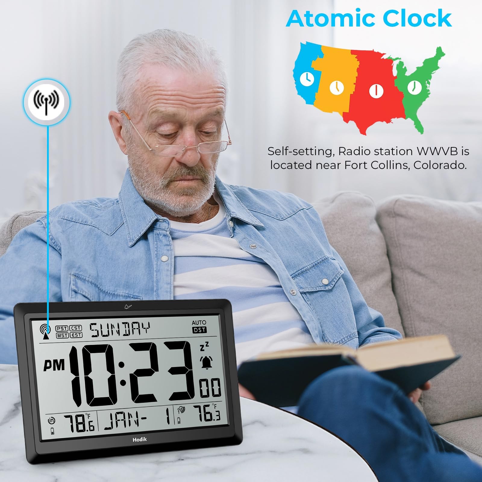 HODIK Wall Clock Atomic with Indoor Outdoor Temperature 9*5.9*1.1 in, Black