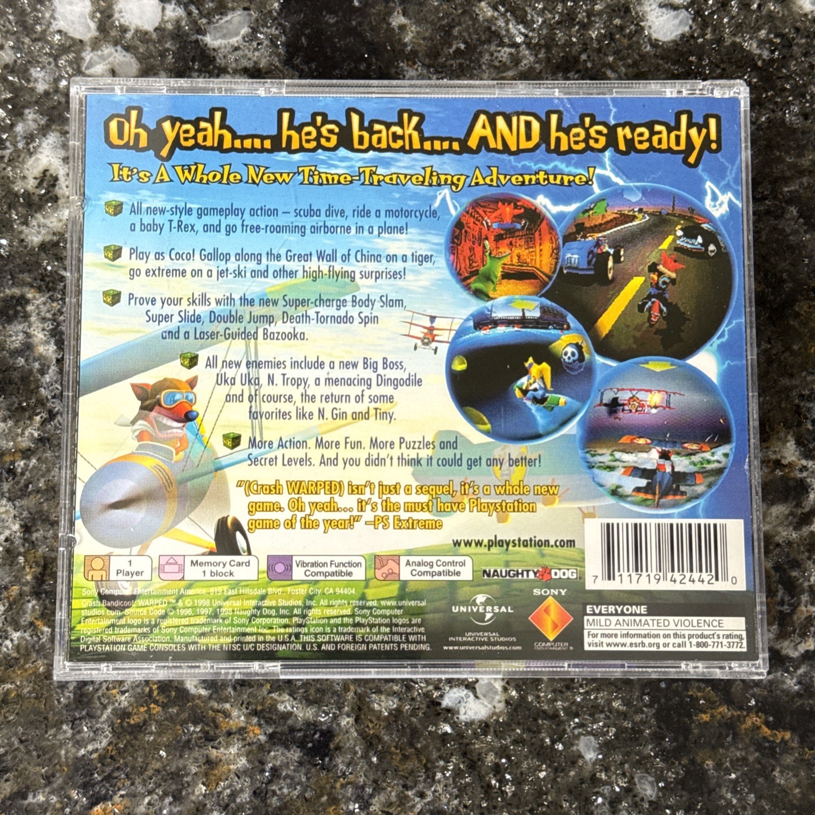 Crash Bandicoot Warped (Sony PlayStation 1 PS1, 1998) Complete TESTED NICE!