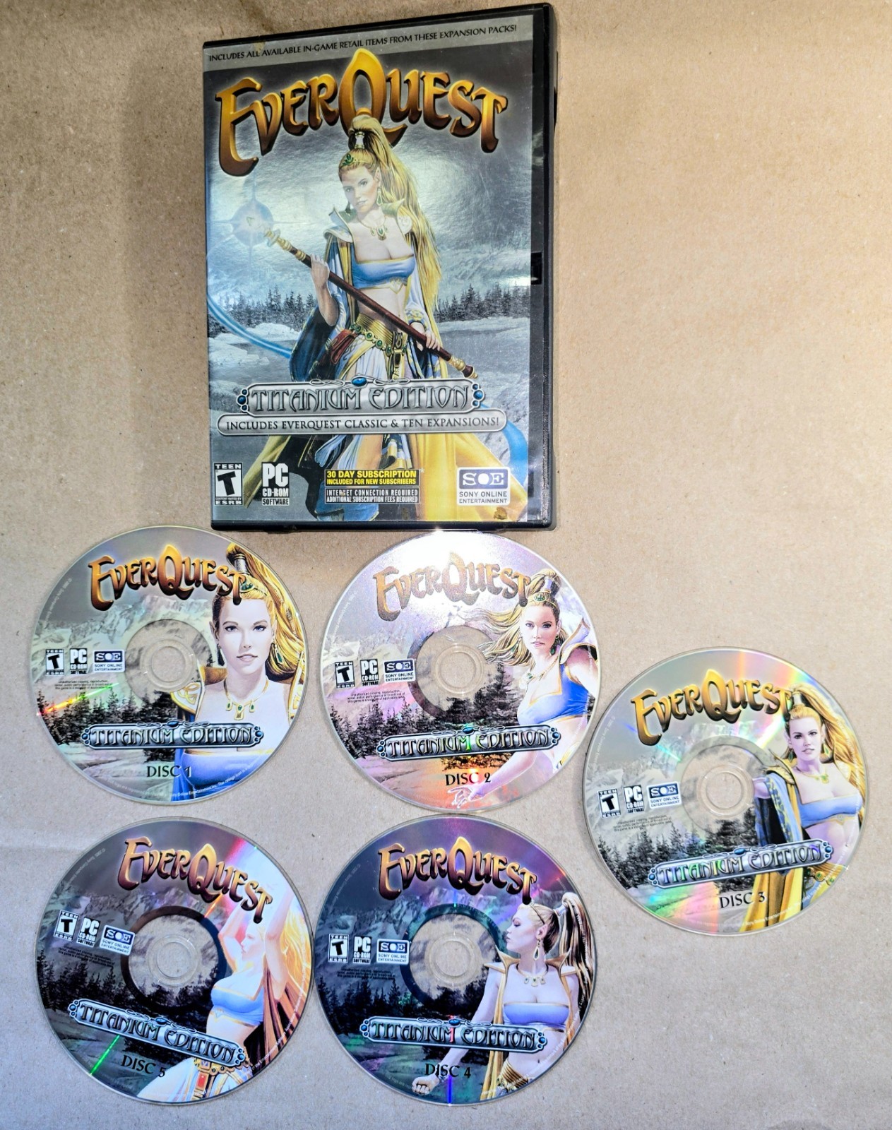 LOT of Sony EverQuest Titanium Edition 5 Disc PC Game Maps Omens of War PC Books