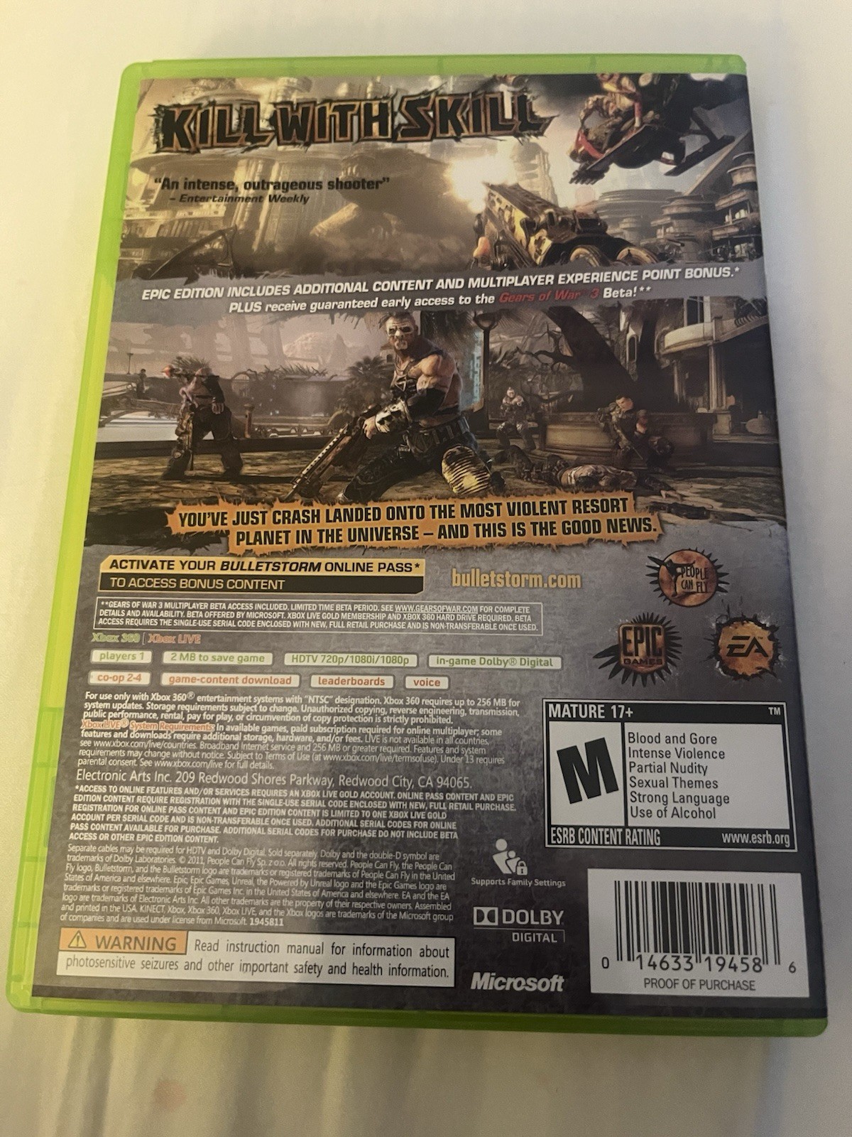 Microsoft Xbox 360 Bulletstorm Epic Edition Complete In Box Tested and Works