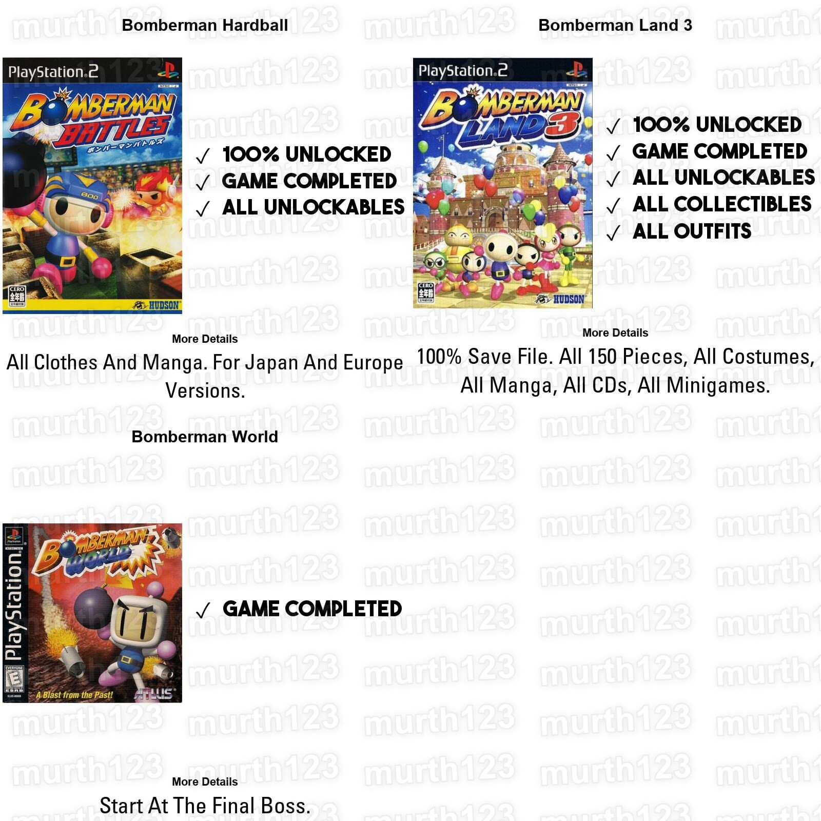 Bomberman World Wars Kart Land Battle PSX PS1 PS2 Memory Card 100% Unlocked Save