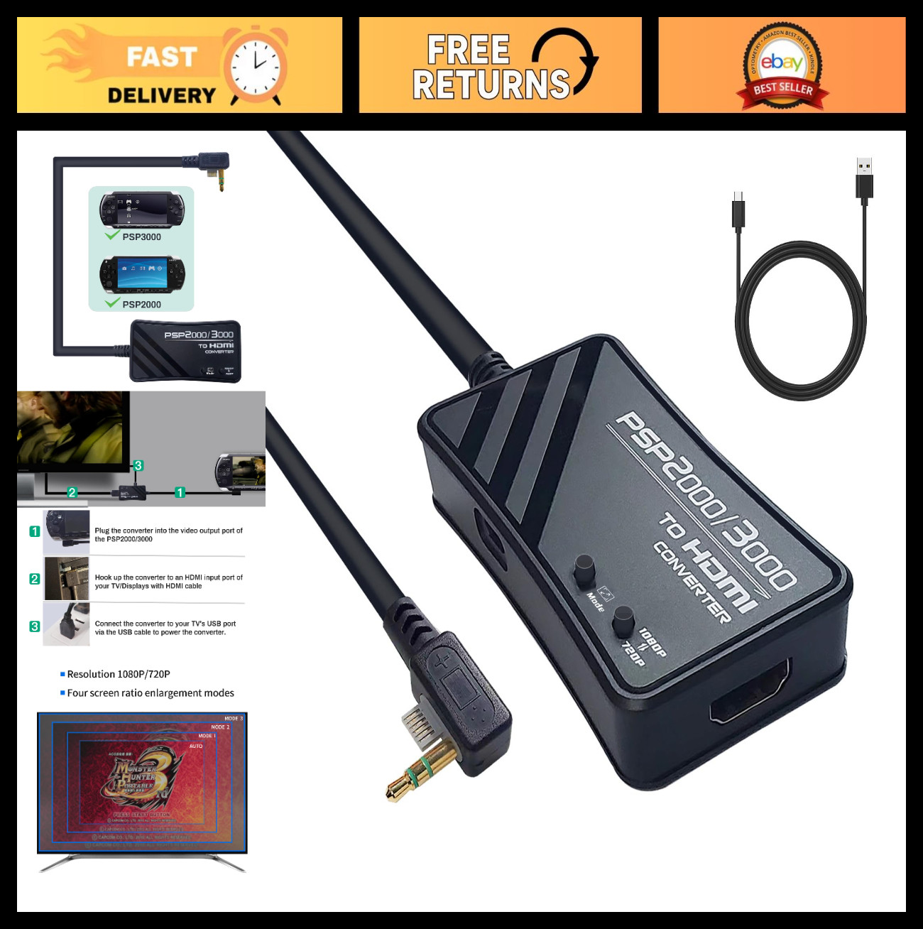 HDMI Converter for PSP2000/PSP3000 – Connect Handheld Game Consoles to TV