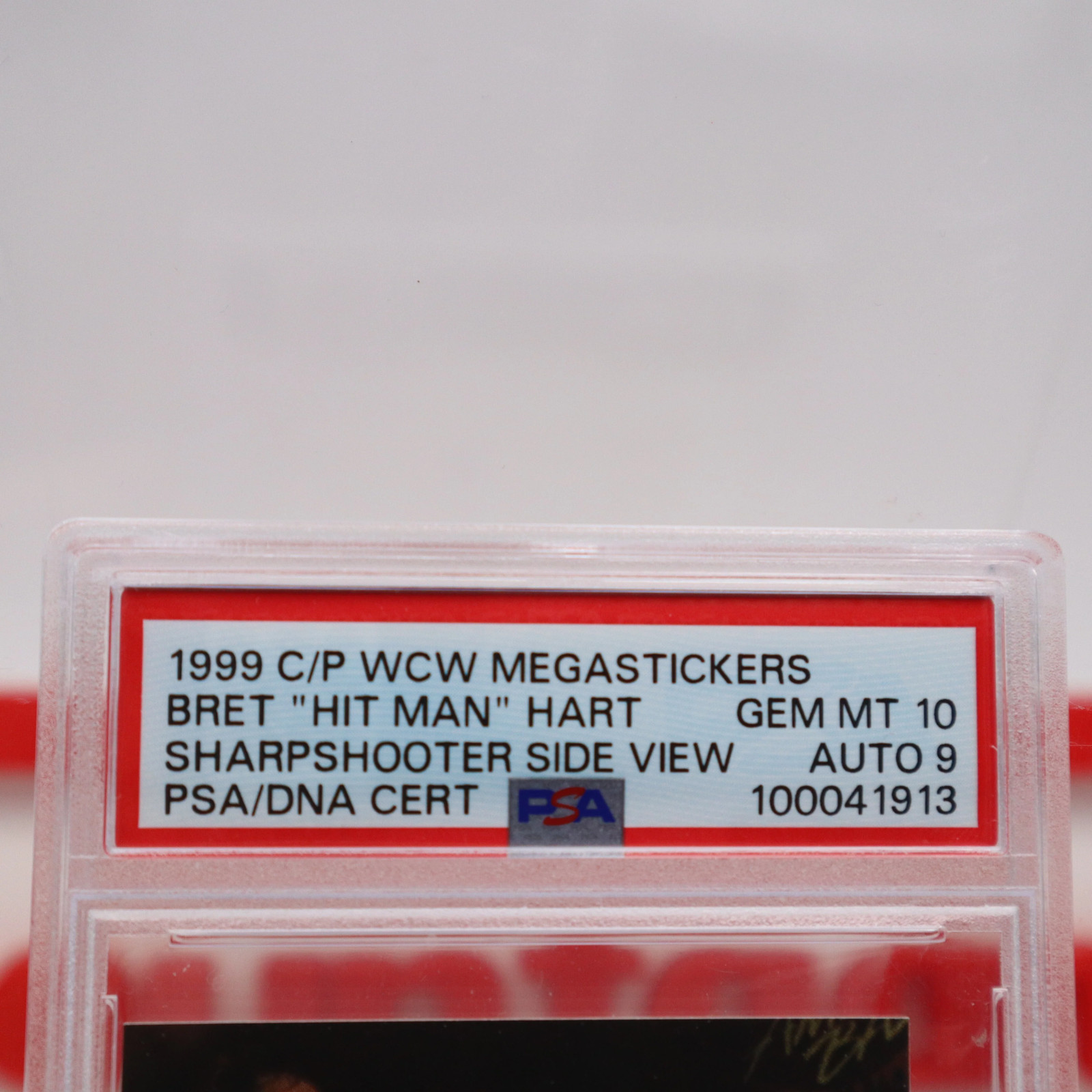 AUTOGRAPHED BRET “Hit Man” HART 1999 C/P WCW MEGASTICKERS GRADED CARD PSA GEM 10