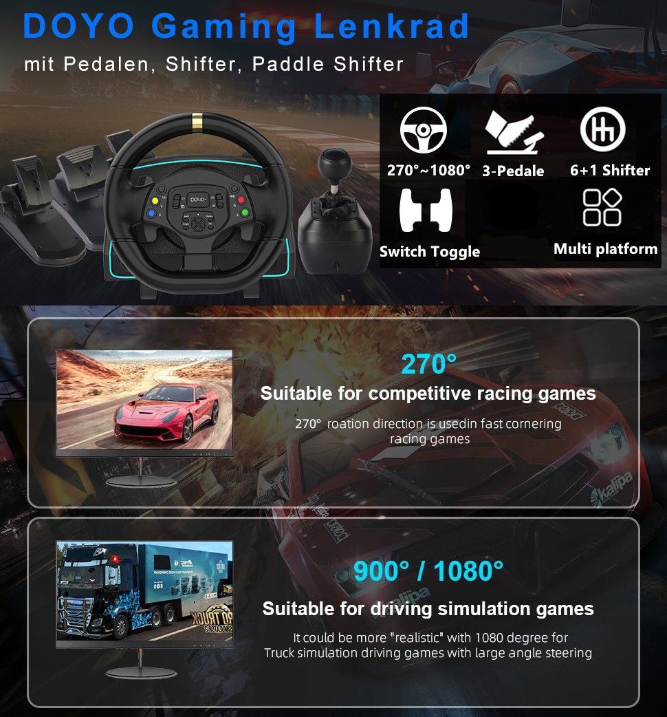 DOYO PC Gaming Steering Wheel with Shifter and Pedal