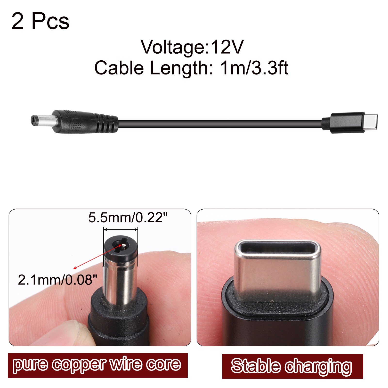 2 Pcs 3.3Ft USB C to DC PD Power Fast Charging Cable, 5.5×2.1mm 36W/12V(Black)