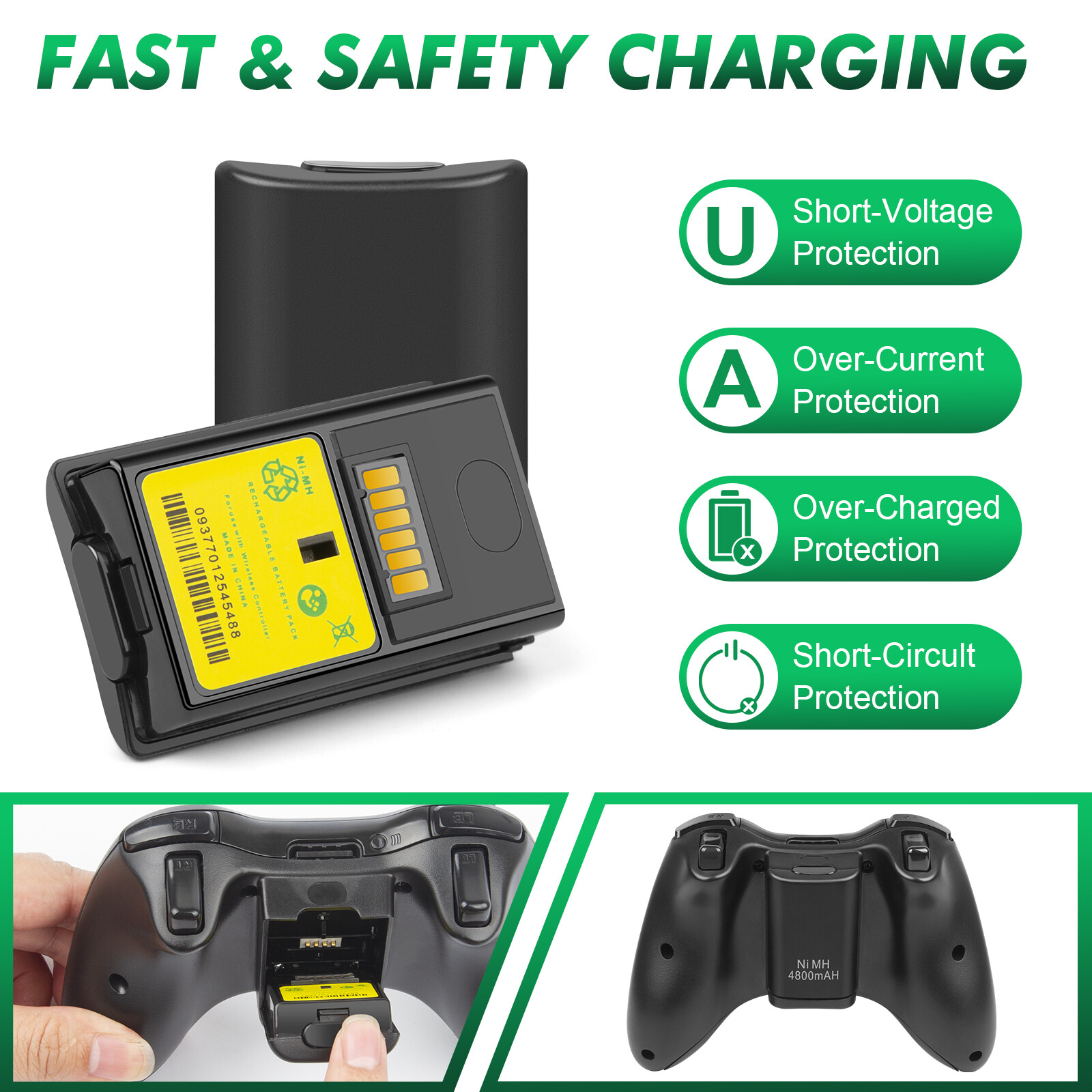 2Pcs Rechargeable Battery Pack USB 4800mAh Charger Cable For XBox 360 Controller