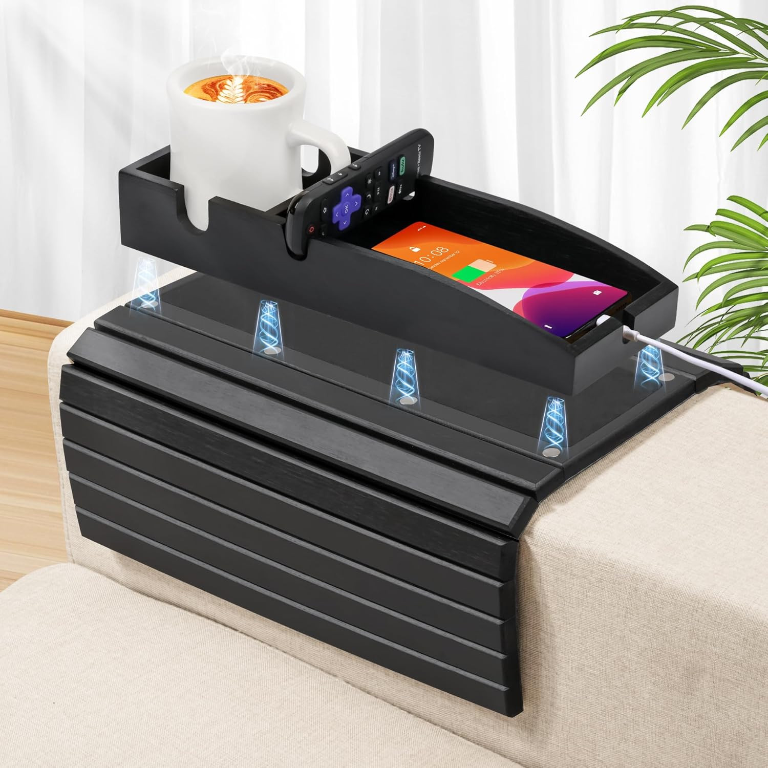 Couch Cup Holder, 3-In-1 Magnetic Detachable Couch Arm Tray, Bamboo Sofa Armrest