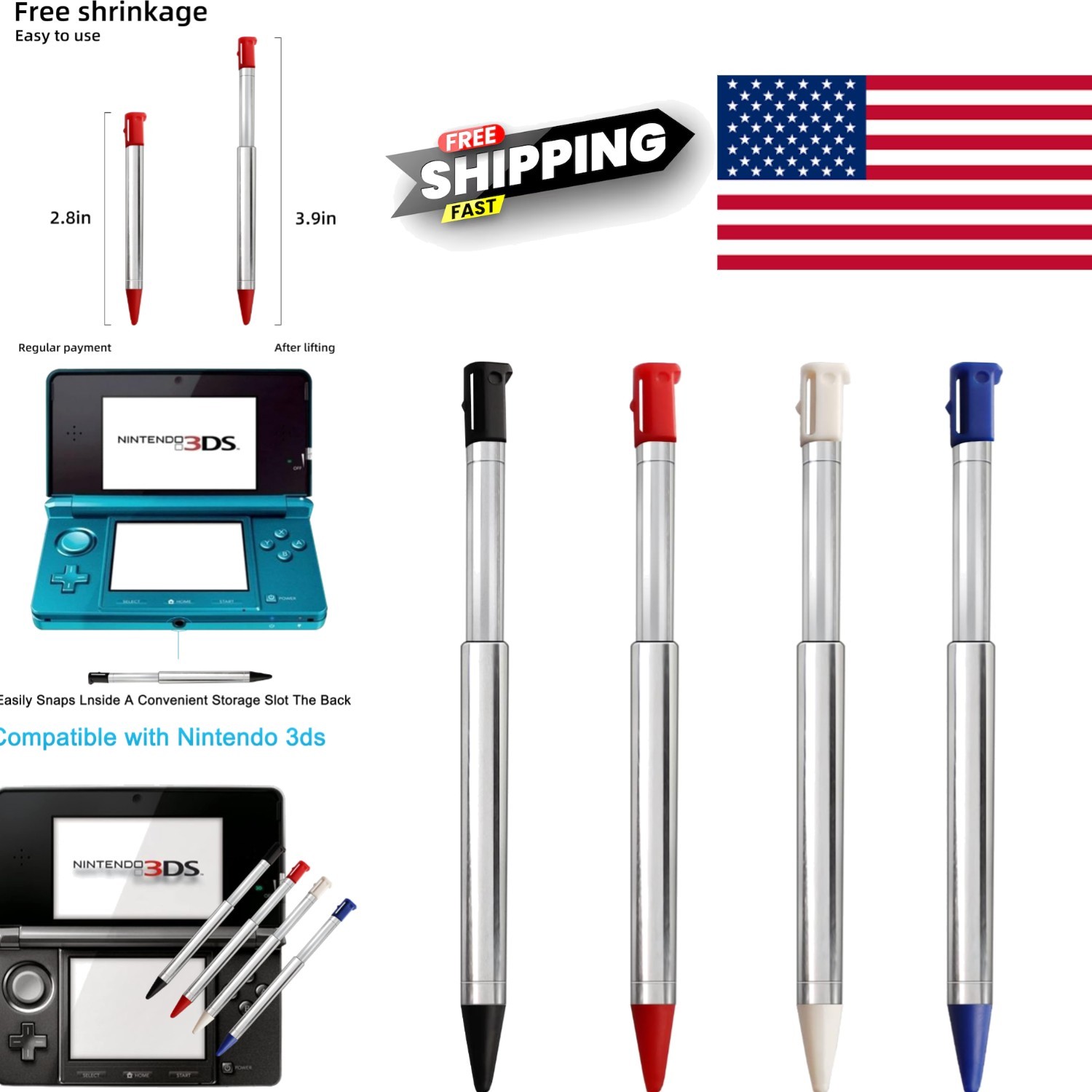 Multi Color Stylus Pen Set for Nintendo 3DS 4in1 Metal Touch Stylus Replacement