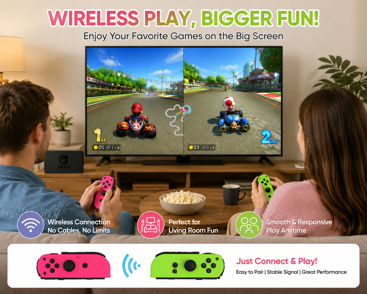 Compatible Wireless Controller Pair for Nintendo Switch L/R Joy Pad Pink Green