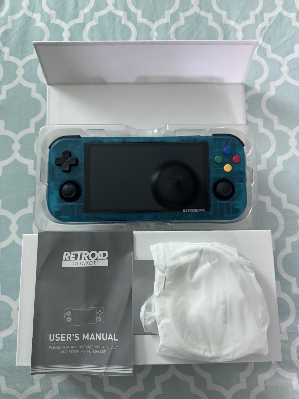 Retroid Pocket 3+ Handheld Gaming Console Complete Transparent Teal-Blue CIB