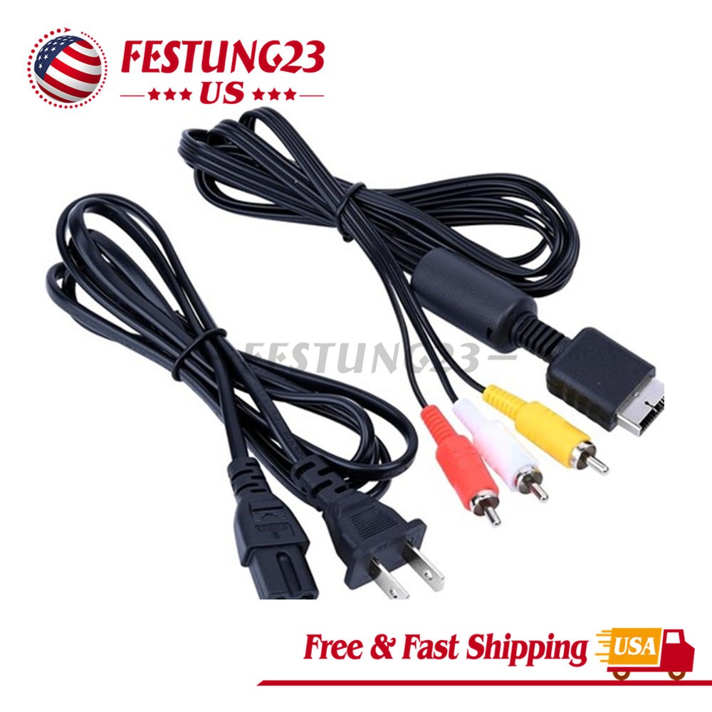 1/2 PS2 FAT Audio AV RCA+AC Cable Power Supply Adapter Cord For Sony Playstation