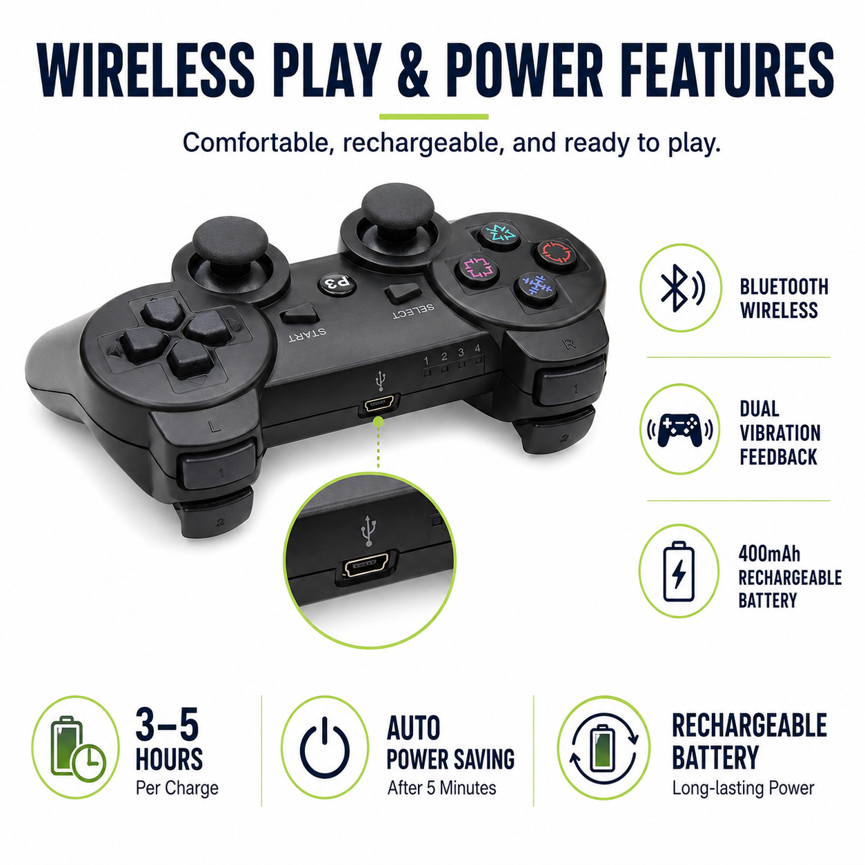 For PS3 Wireless Controller High Sensitivity Buttons Dual Vibration Ergonomic