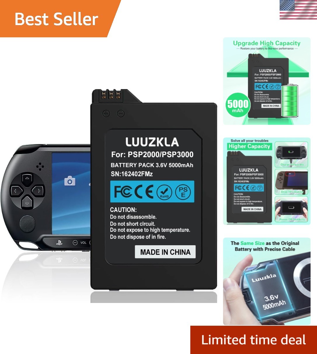 Reliable 5000mAh Battery Replacement for PSP 2000/3000 with Safety Features
