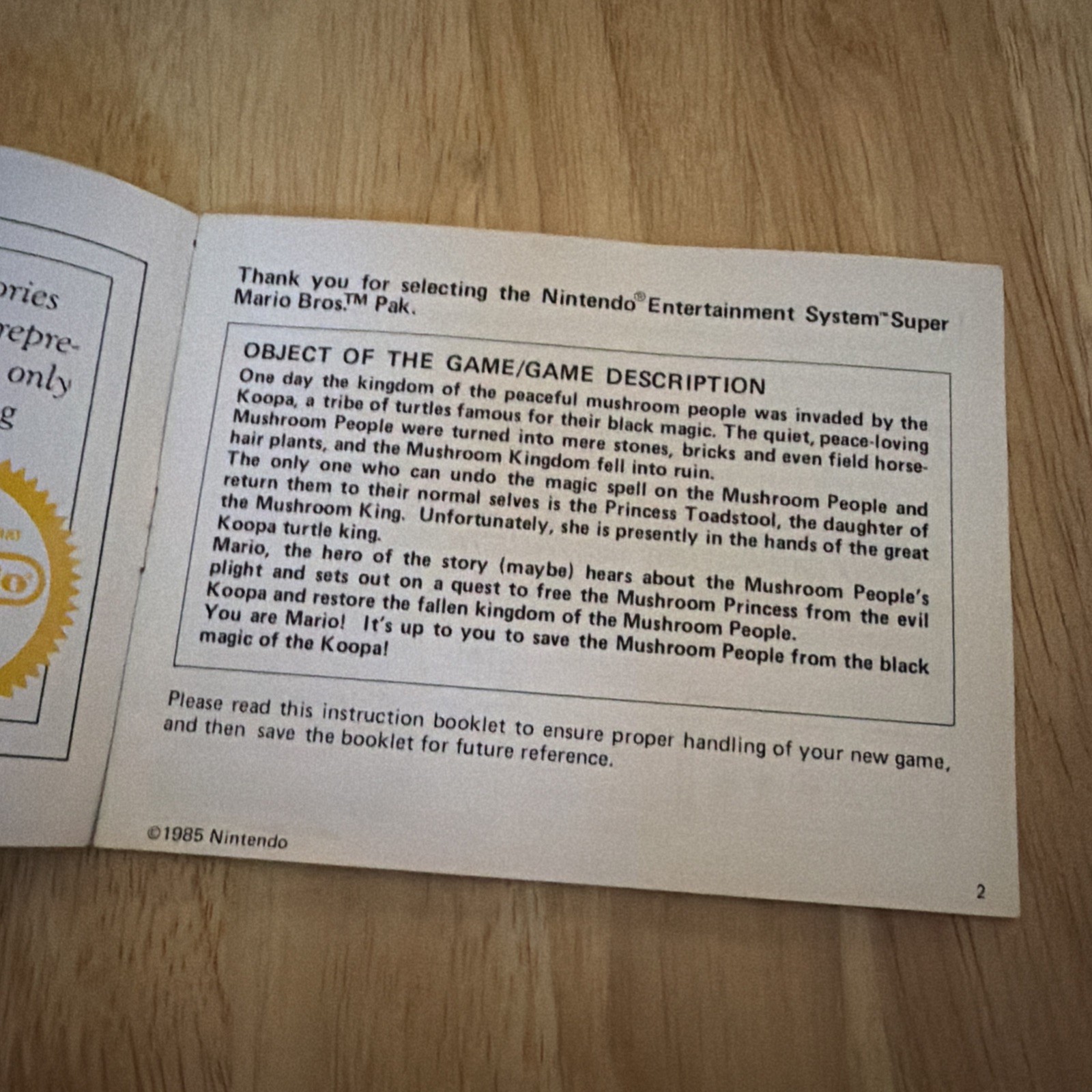 Super Mario Bros NES Instruction Manual Early 1985 Print