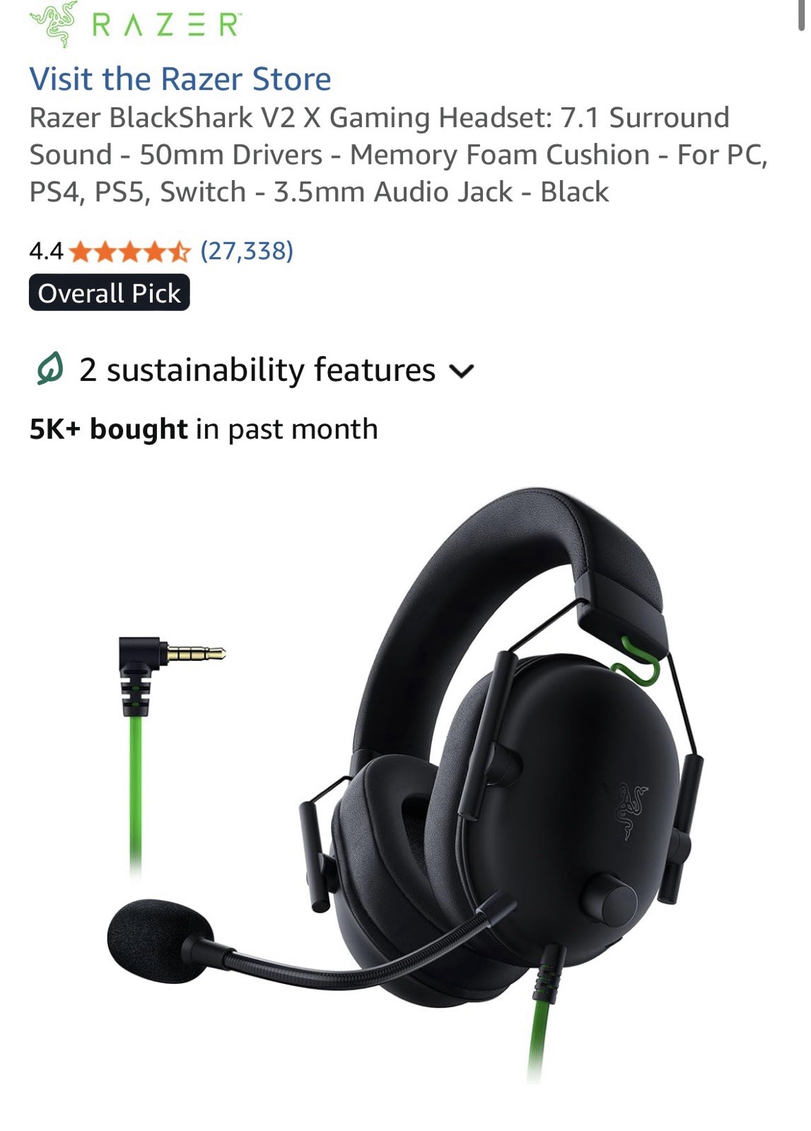 Razer BlackShark V2 X Gaming Headset: 7.1 Surround Sound – 50mm Drivers – Black