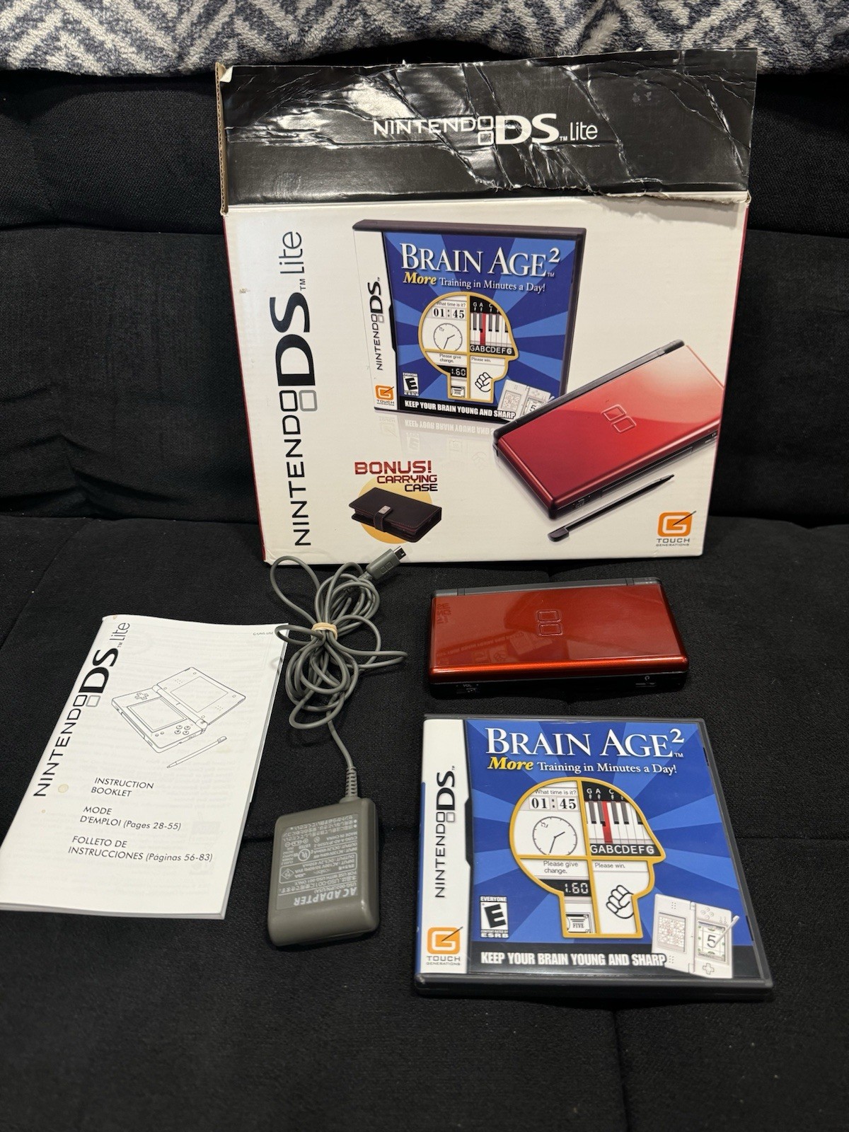 Nintendo DS Lite Brain Age 2 Bundle with Carrying Case Crimson Red