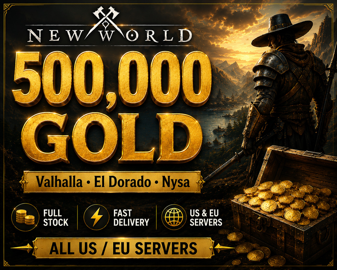New World Gold Coins 500k / 500 000 Coins/ US East West / EU / Any servers