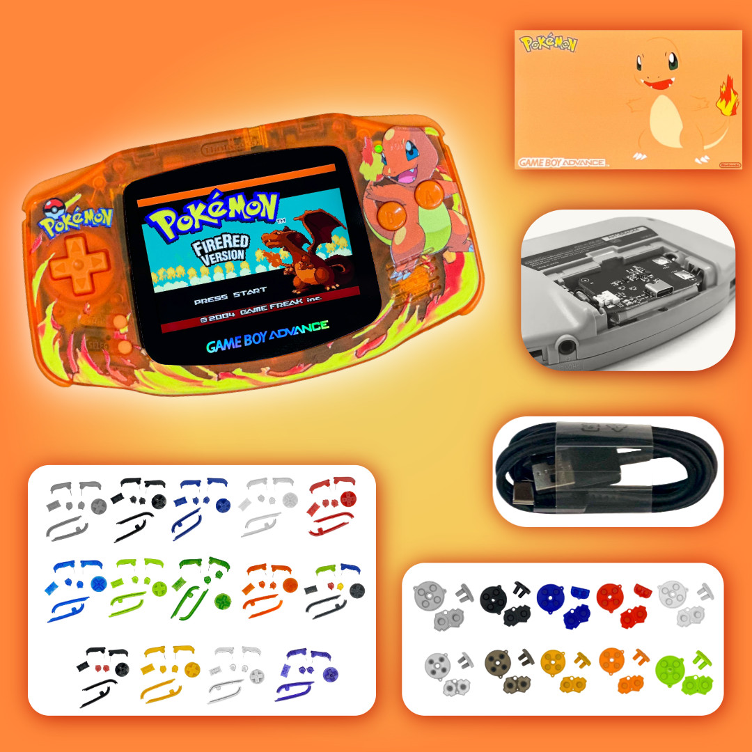 Nintendo Game Boy Advance GBA 3.0 M2 IPS UV Pokemon CHARMANDER USB-C Battery