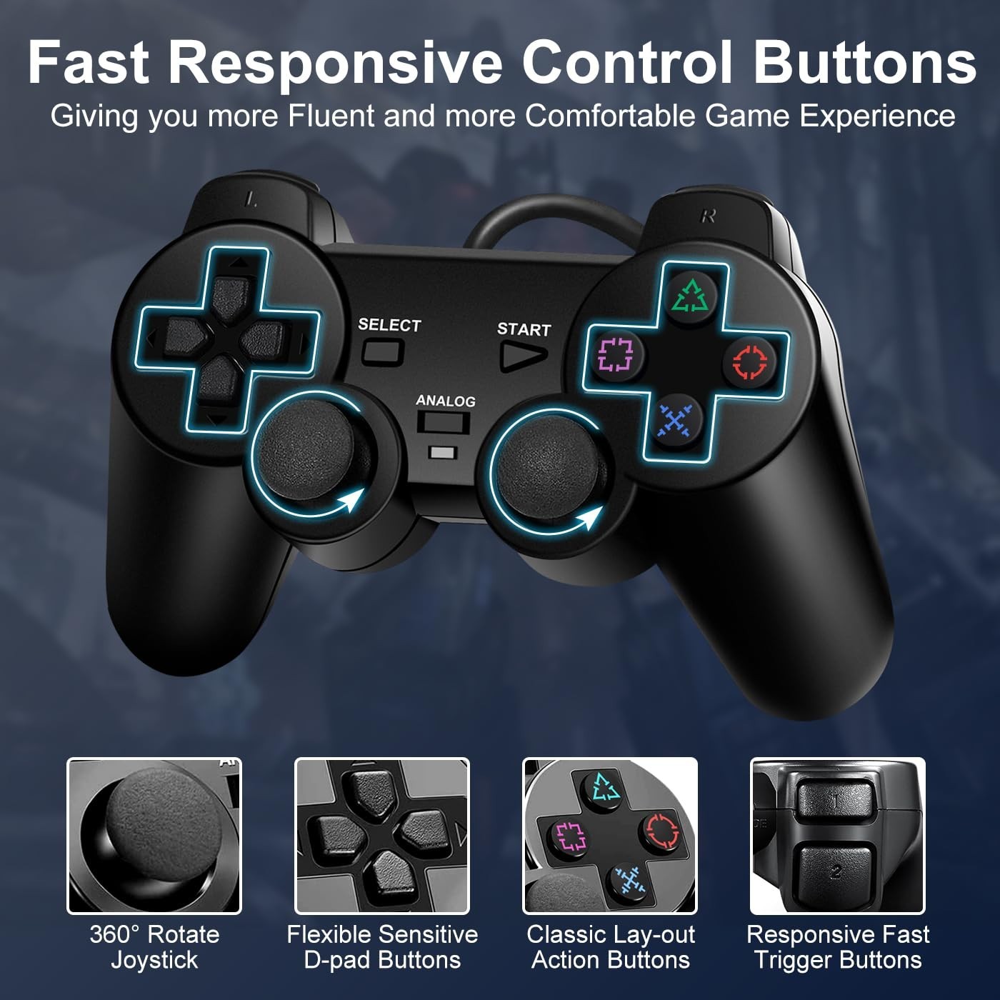 PS2 Controller, 2 Packs Wired Controller Compatible with PS2/PS2 Slim/PS1, PS…
