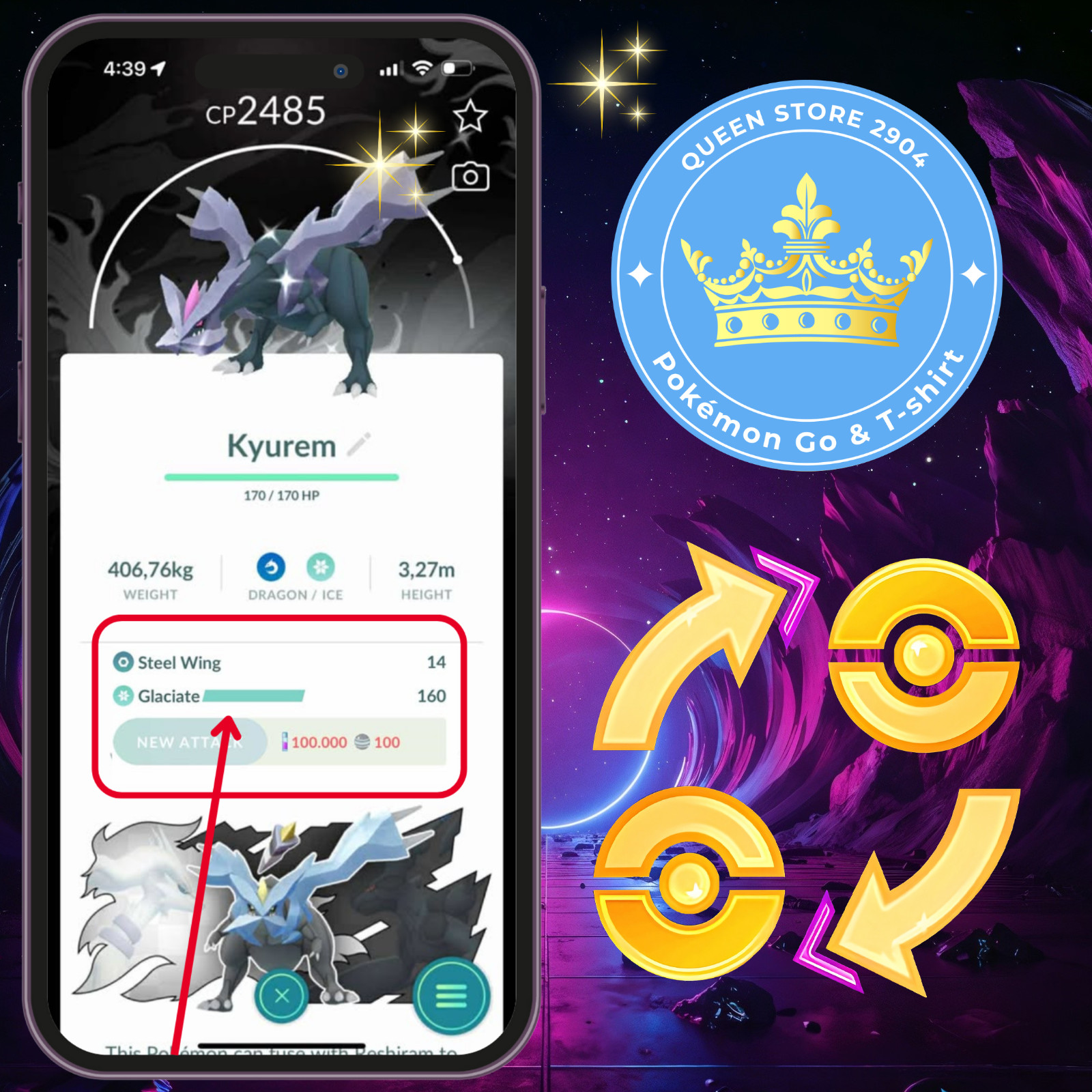 Pokémon TRADE— Shiny Kyurem ( Black—White ) Background—Moveset Glaciate—Digital