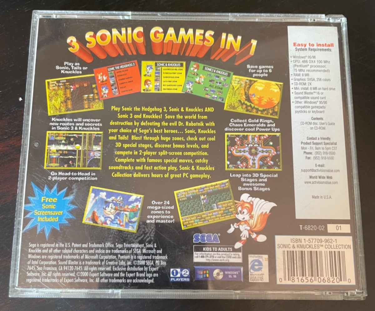 2000 Sonic & Knuckles Collection 3-in-1 PC Video Game Sonic the Hedgehog 3