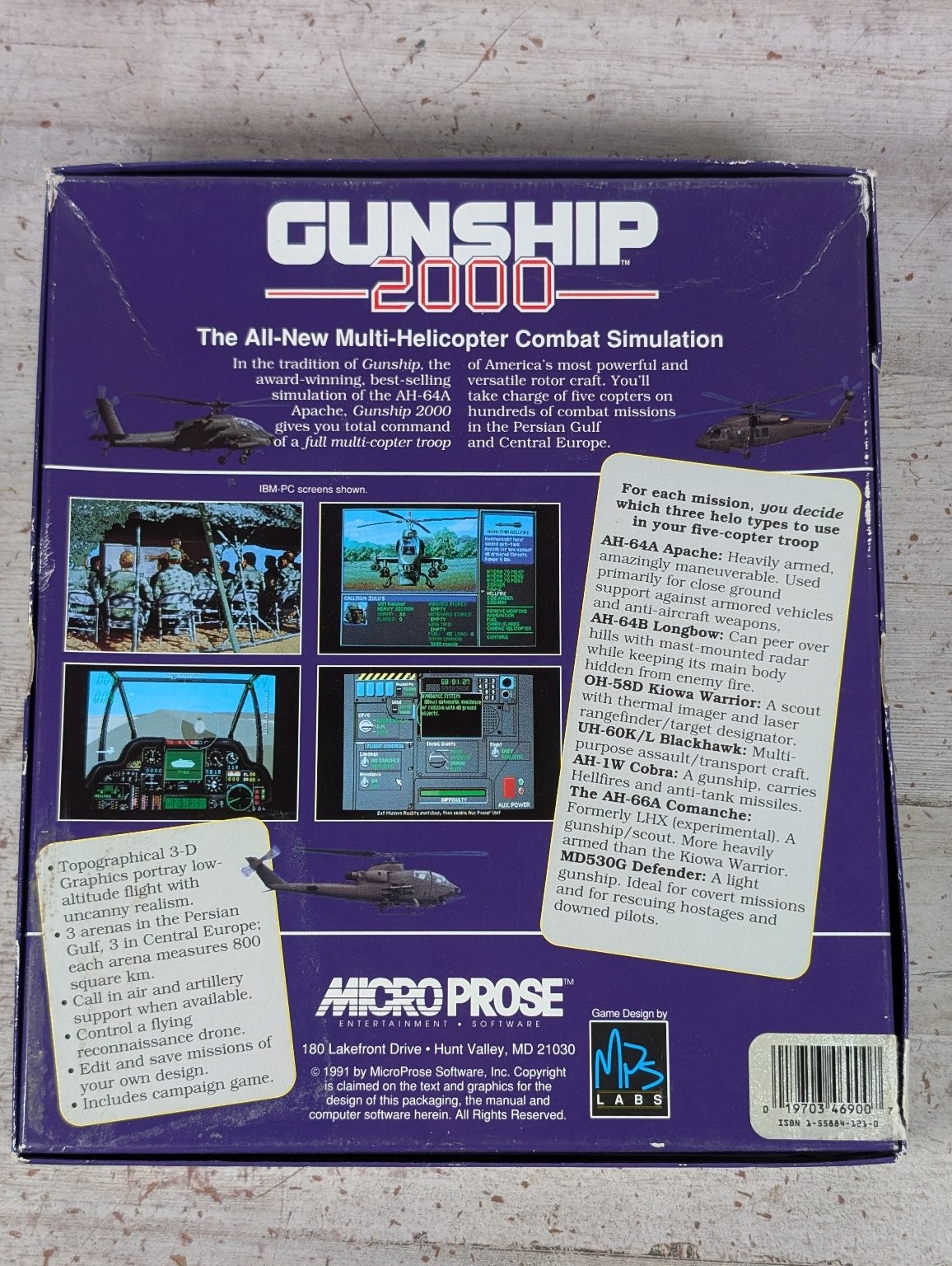 Gunship 2000 IBM PC Video Game Combat Simulation Helicopter Big Box 5″ Floppy