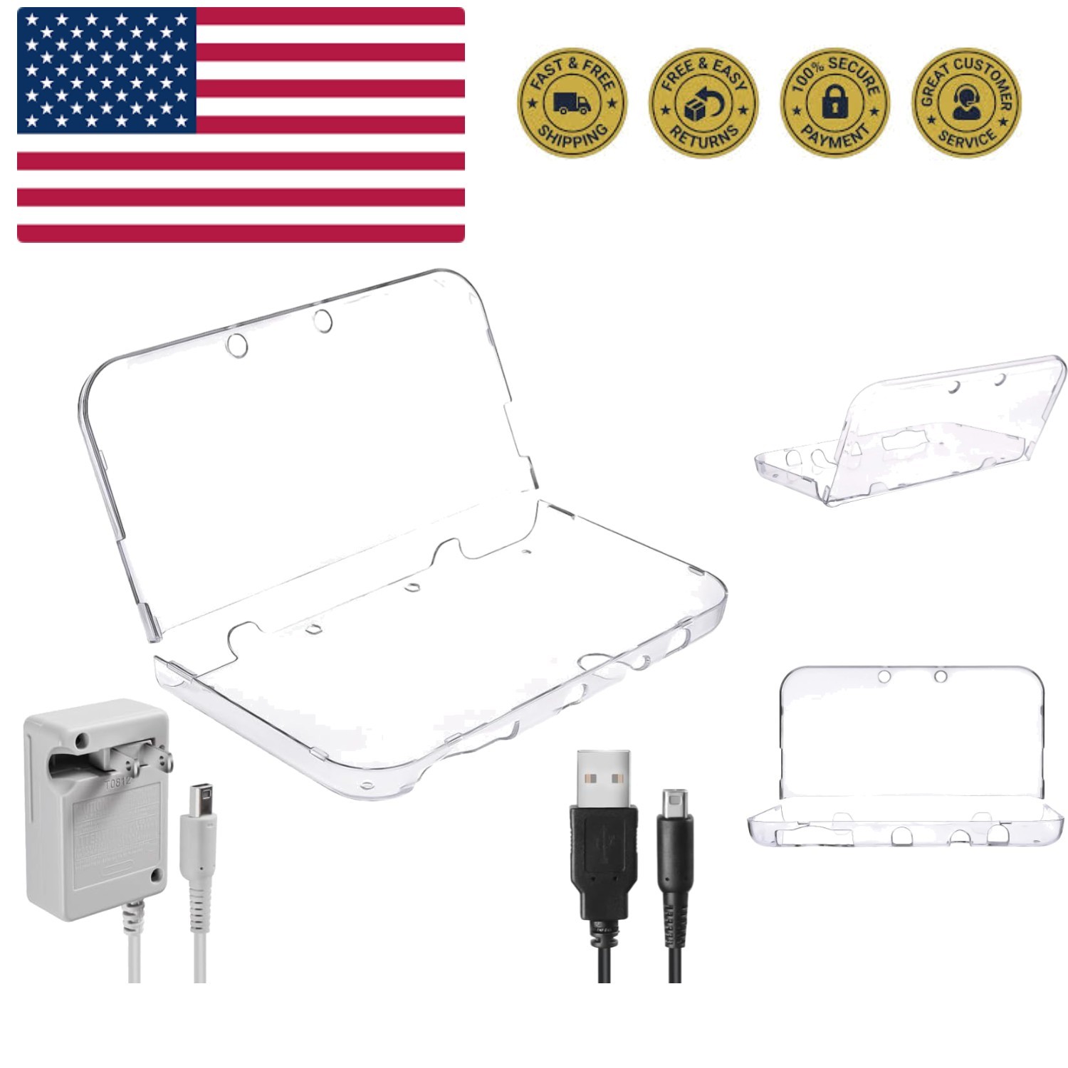 3DS Charger Power Adapter & USB Charger Cable & New 3DS XL Case Kit – OEM Re…
