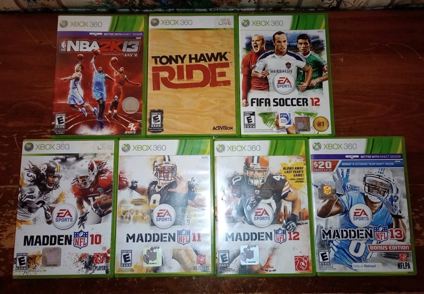 7 XBOX 360 Games Madden NFL 10,11,12,13,FIFA Soccer 12,Tony Hawke Ride,NBA 2K13