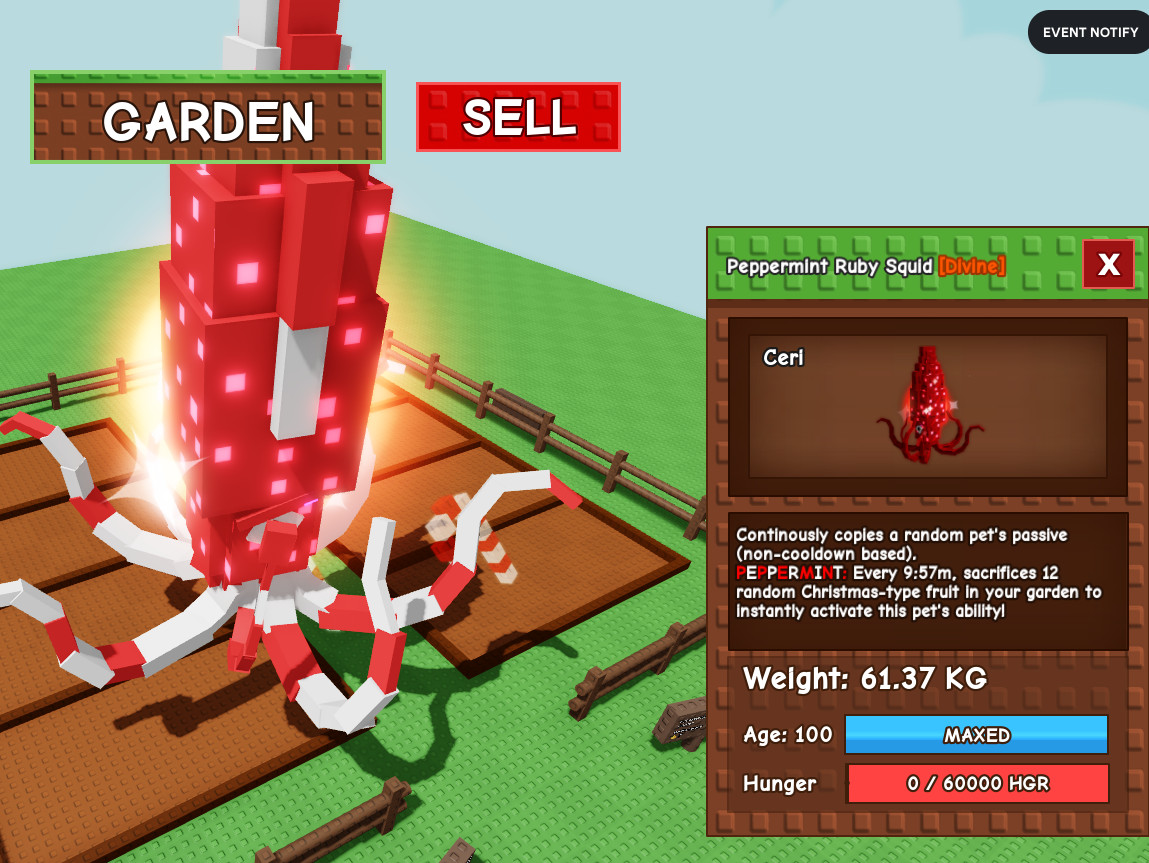 Huge Peppermint Ruby Squid 61.37Kg – Grow A Garden – Roblox – Fast & Easy!