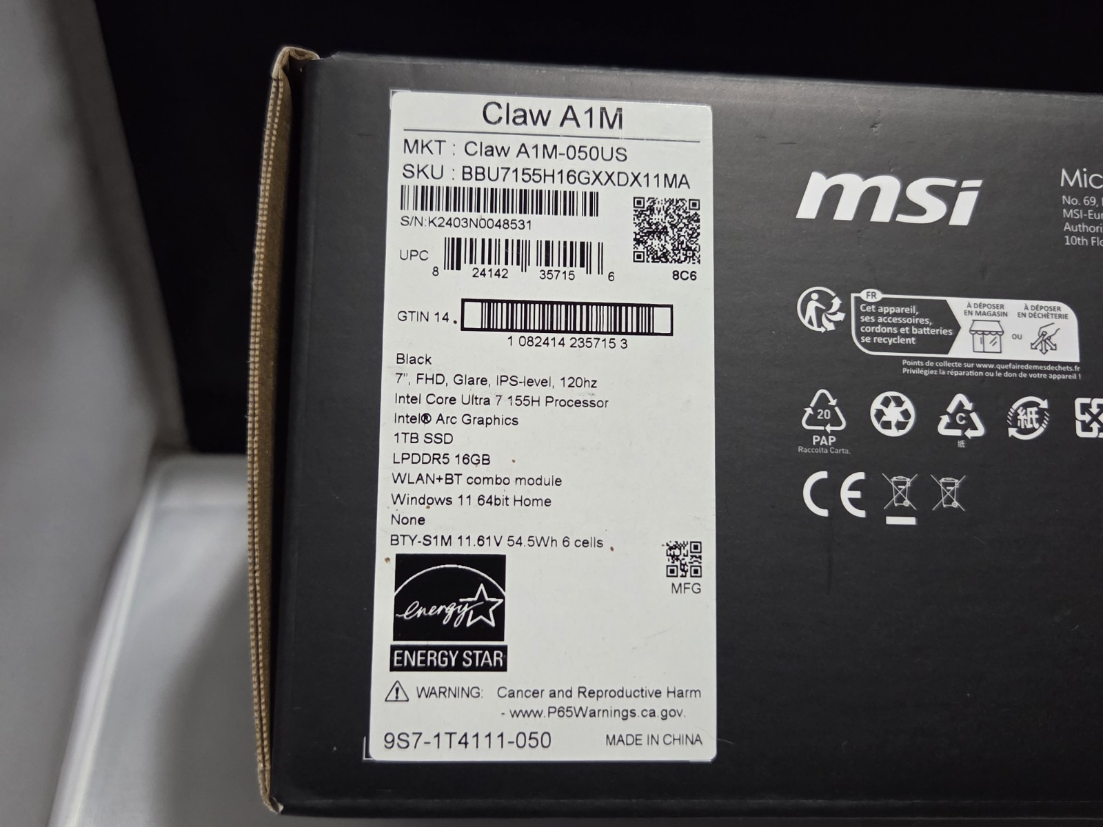 MSI Claw A1M Black Handheld Gaming PC 1TB SSD Windows FHD Wi-Fi Bluetooth