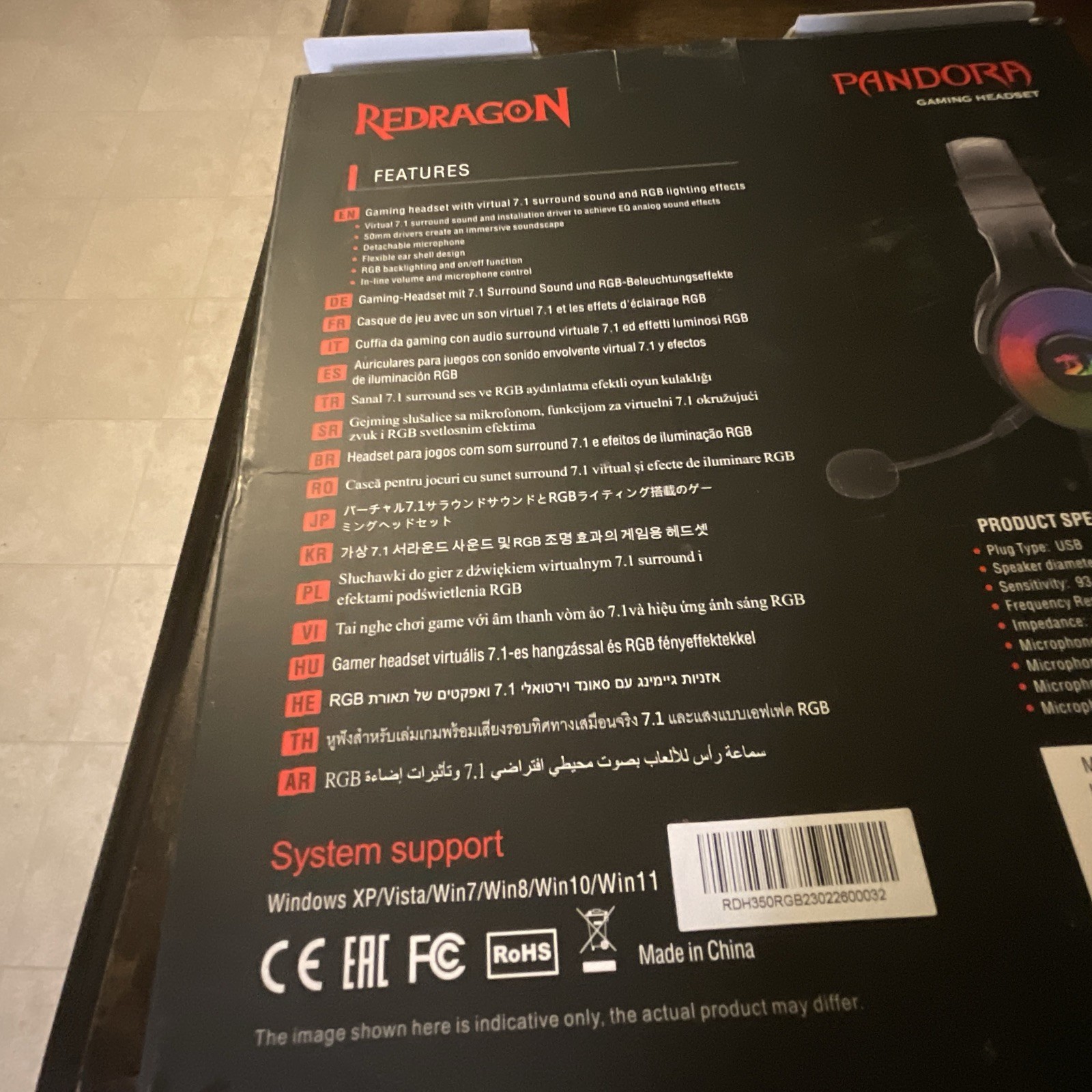 Redragon Pandora USB RGB Surround Sound Gaming Headset Boom Mic Black