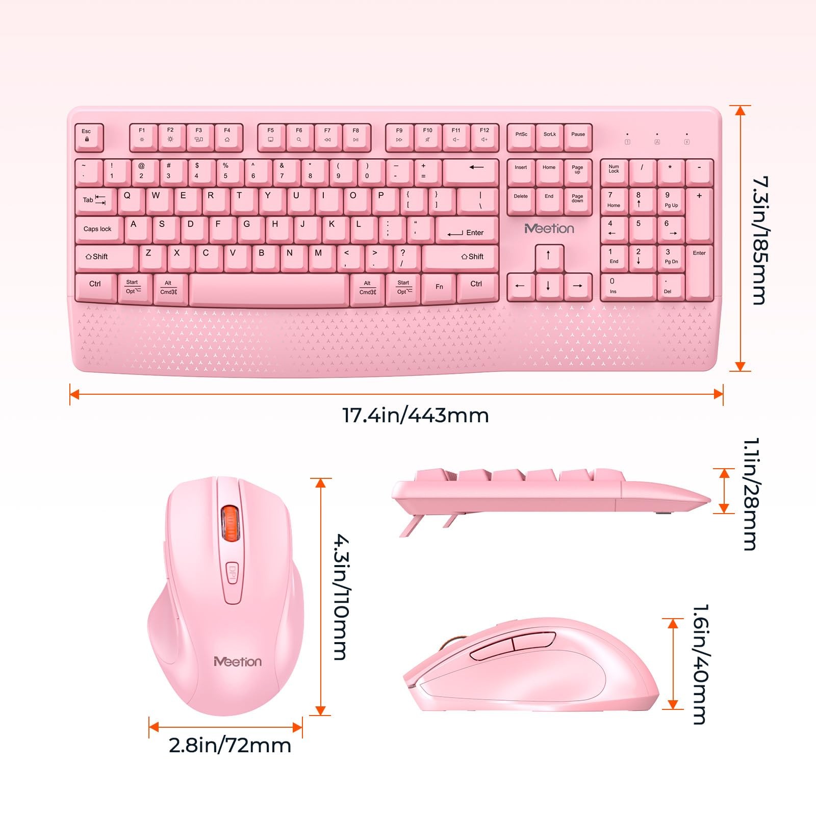 MEETION Wireless Keyboard and Mouse, Full-Sized Cordless with Pink