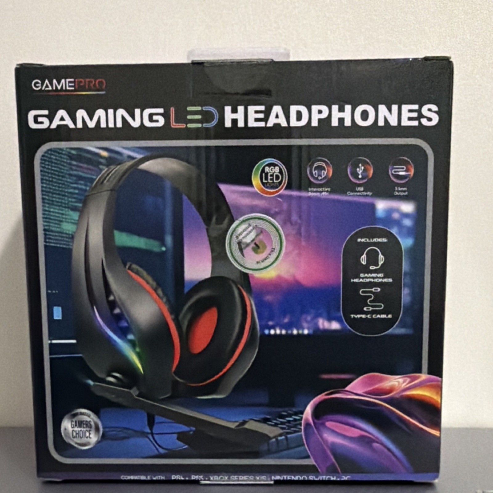 GamePro RGB LED Gaming Headphones Boom Mic USB 3.5mm Type-C Over-Ear Headset