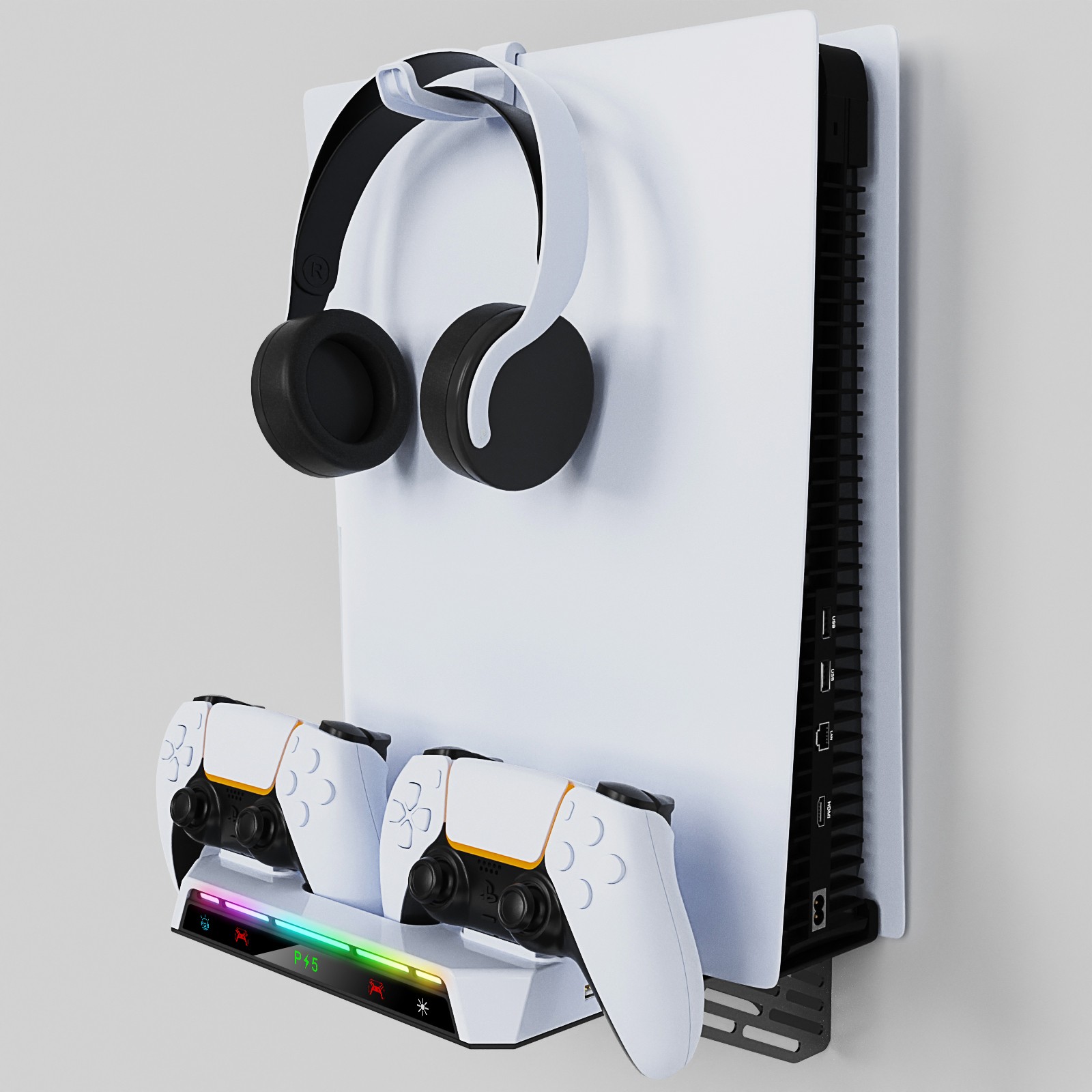 For PS5 Slim Console Wall Mount PS5 Gamepad Holder with RGB Light Triangle Stand