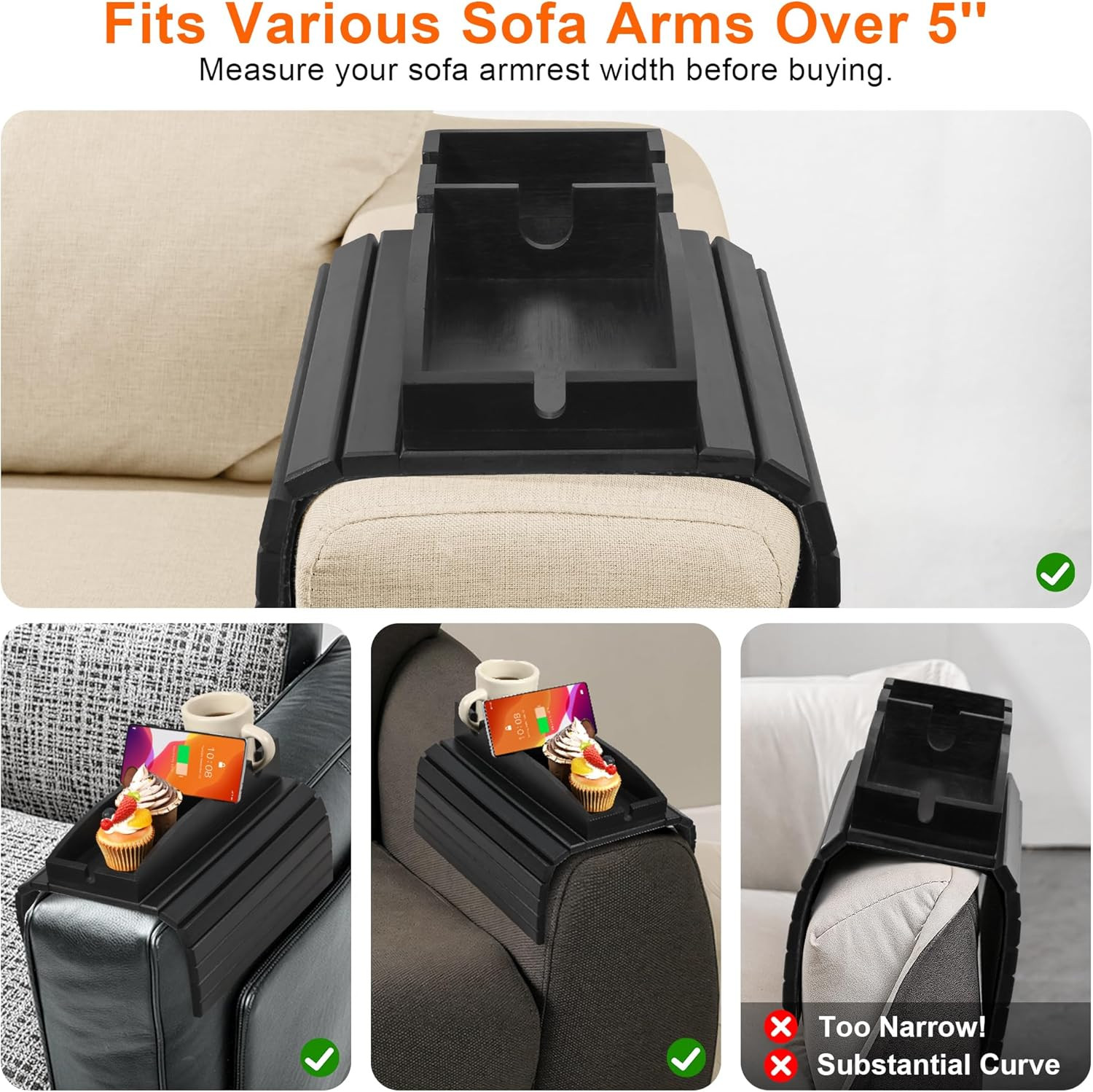 Couch Cup Holder, 3-In-1 Magnetic Detachable Couch Arm Tray, Bamboo Sofa Armrest