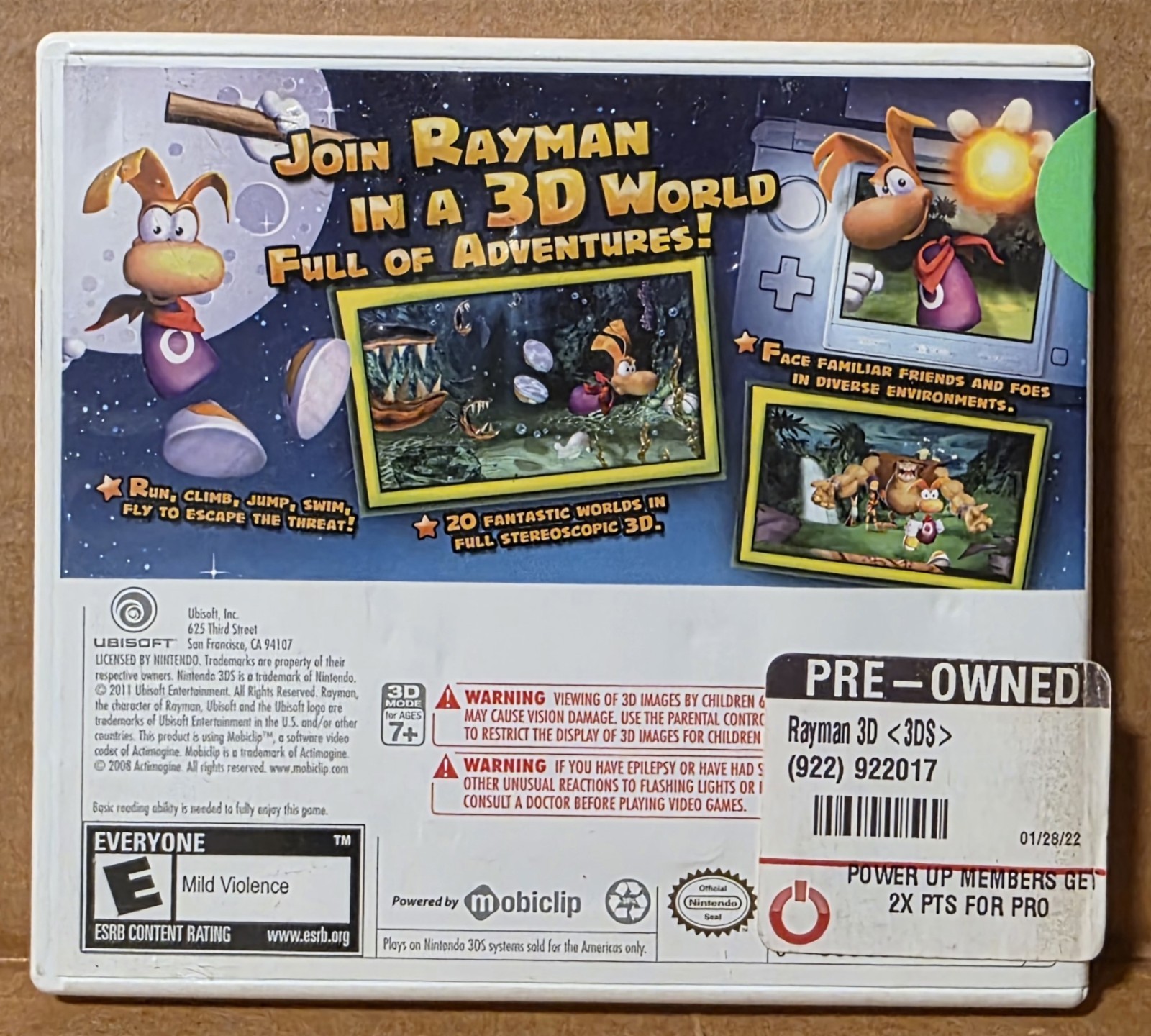 Rayman 3D (Nintendo 3DS, 2011) CIB Complete Adult Owned Excellent!