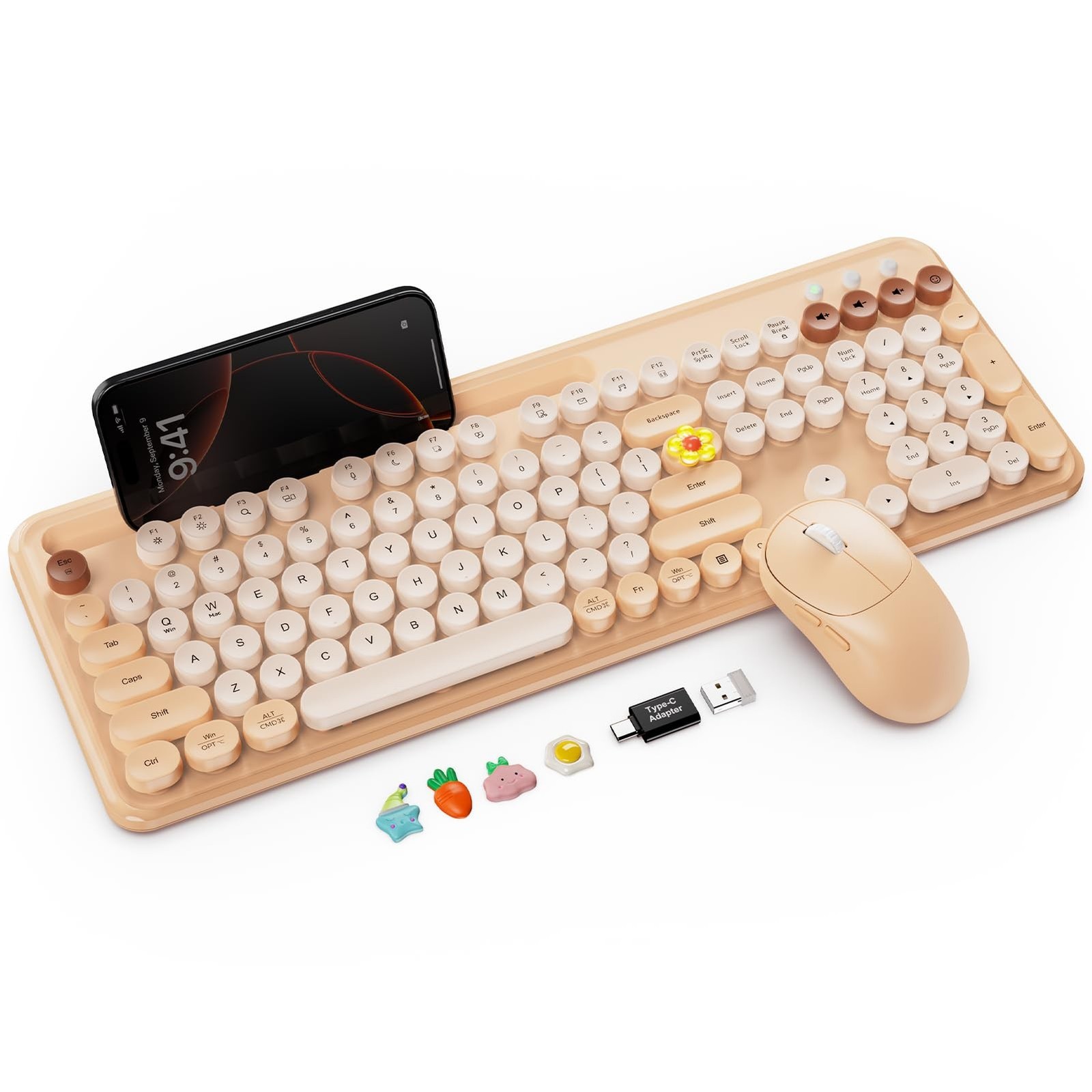 Wireless Keyboard and Mouse Combo with Retro Round Keycaps, Full-Size Cute Ty…