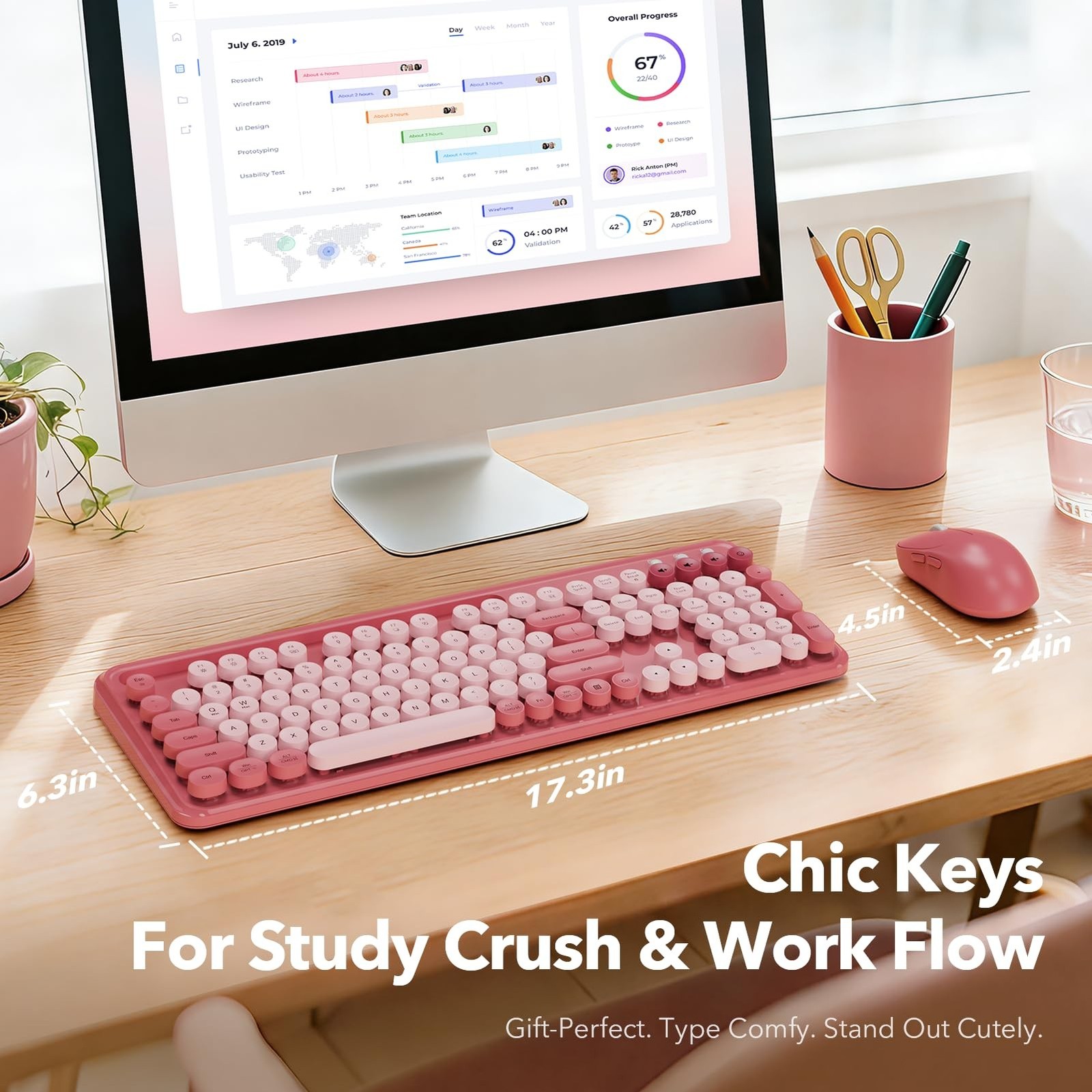 Wireless Keyboard and Mouse Combo, Cute Full-Size Typewriter-Style Keyboard, …
