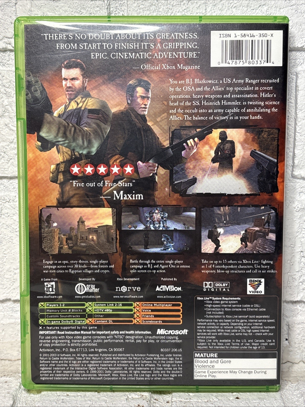 Return To Castle Wolfenstein: Tides Of War Microsoft Xbox Complete Registration