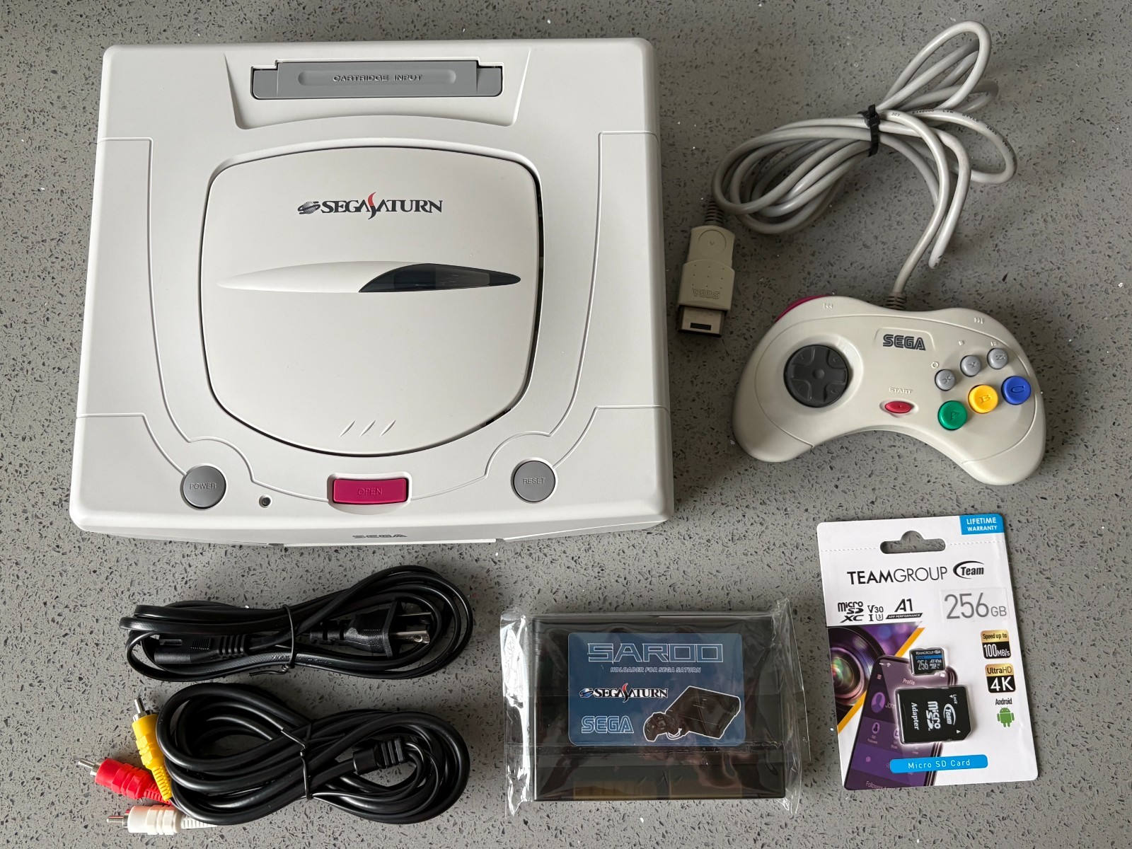 SEGA SATURN SAROO CONSOLE W/ 256GB SD CARD CONTROLLER W/ NEW POWER & AV CABLES