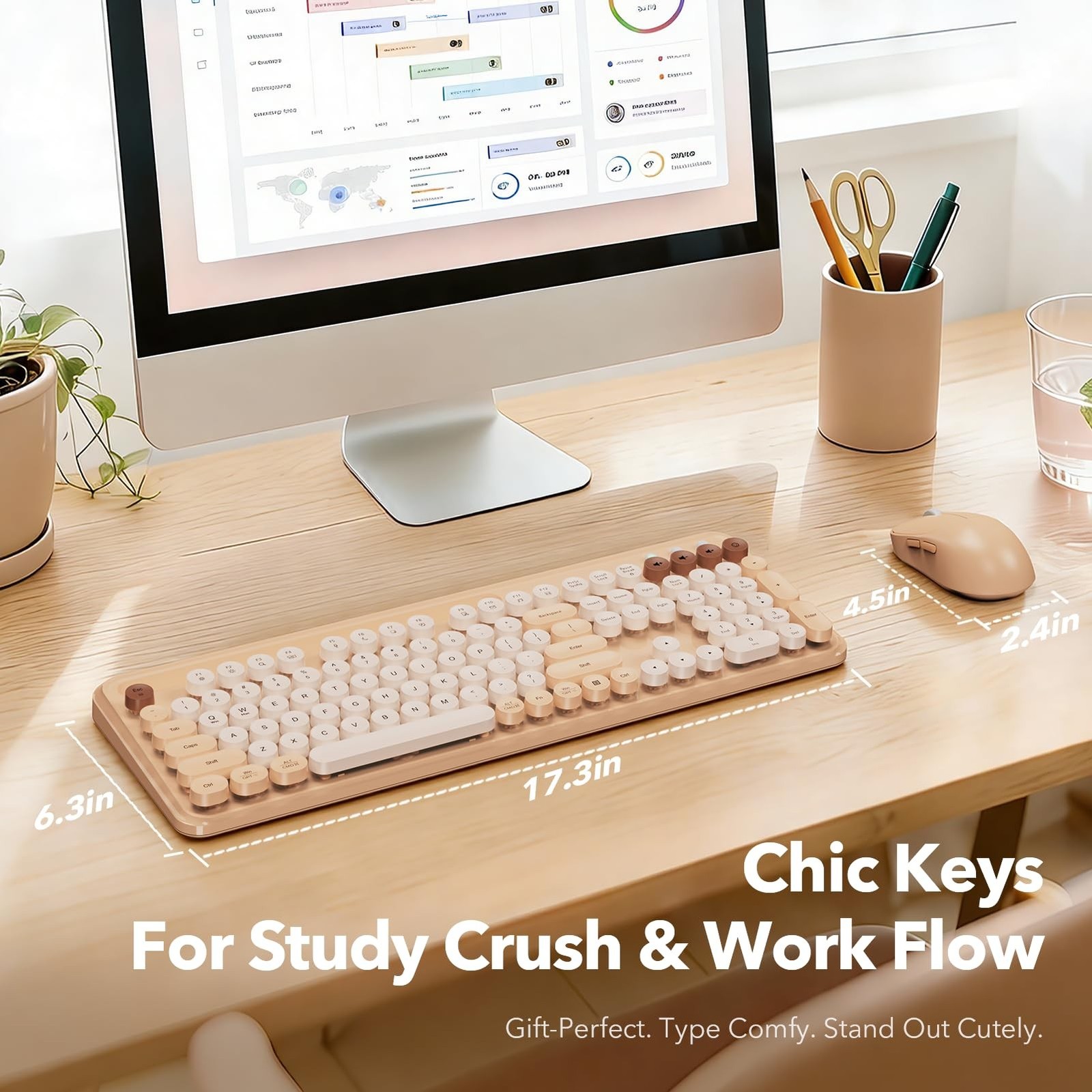 Wireless Keyboard and Mouse Combo with Retro Round Keycaps, Full-Size Cute Ty…