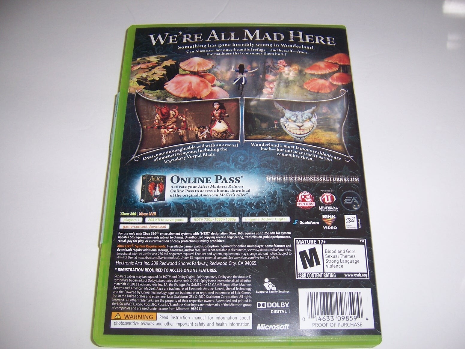 Authentic Case and Manual – ALICE MADNESS RETURNS – Microsoft Xbox 360