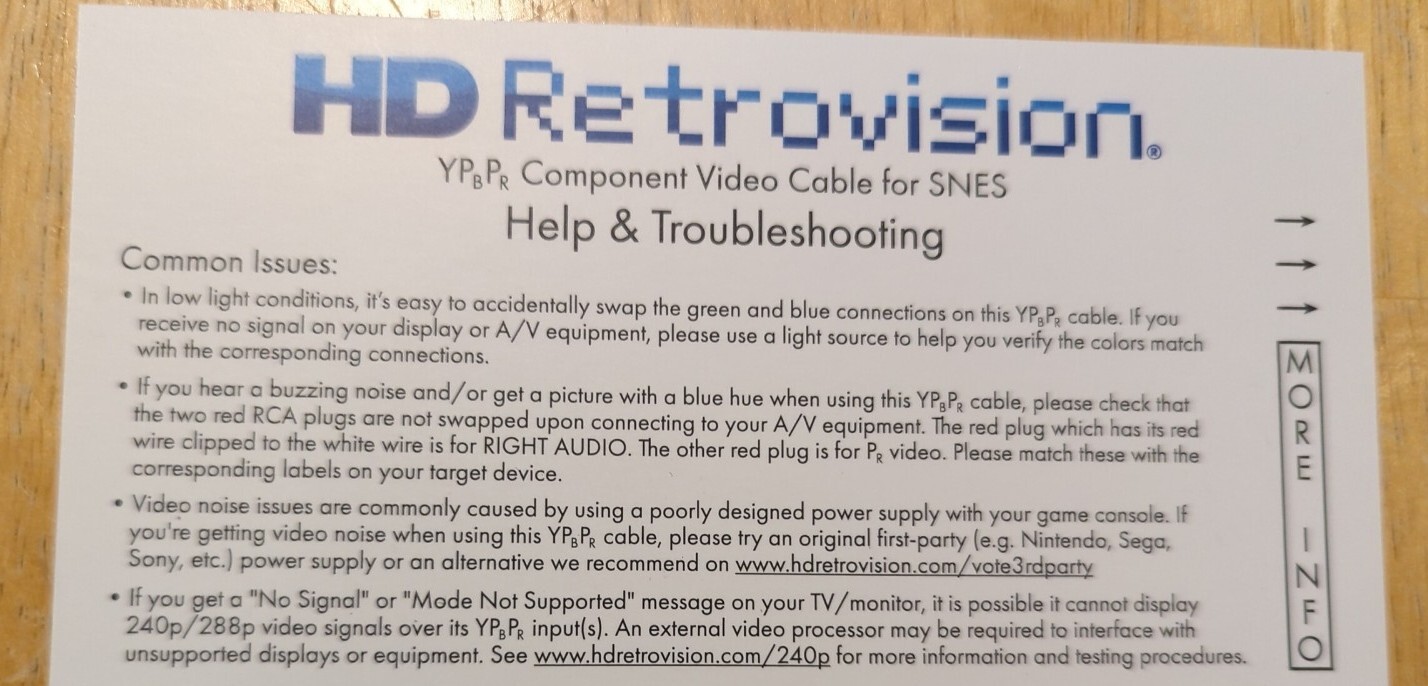 HD Retrovision SNES YPbPr/Component Cable, Super Nintendo, Factory Sealed, New