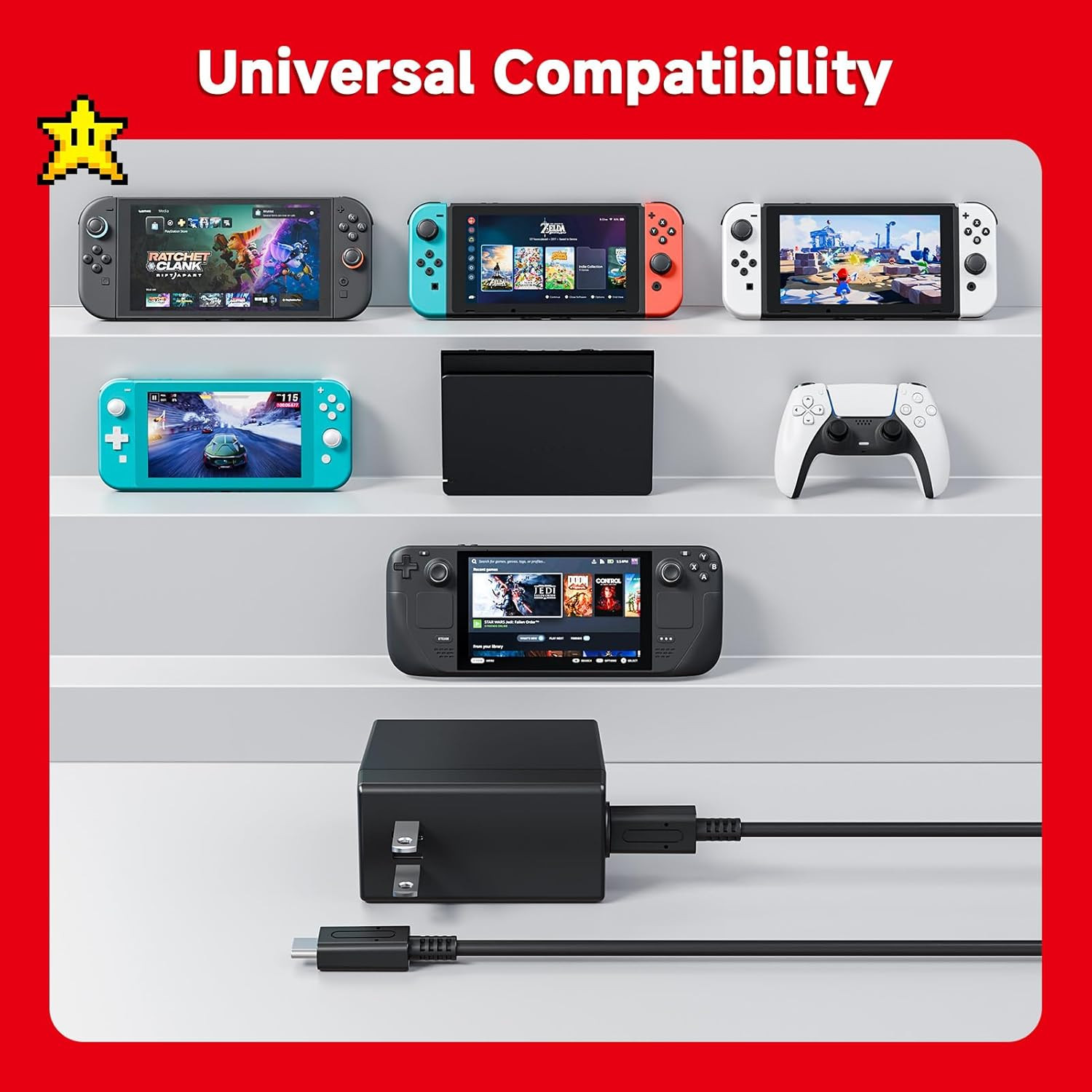 Charger for Nintendo Switch, 45W AC Adapter Fast Charging with 5Ft Detachable US