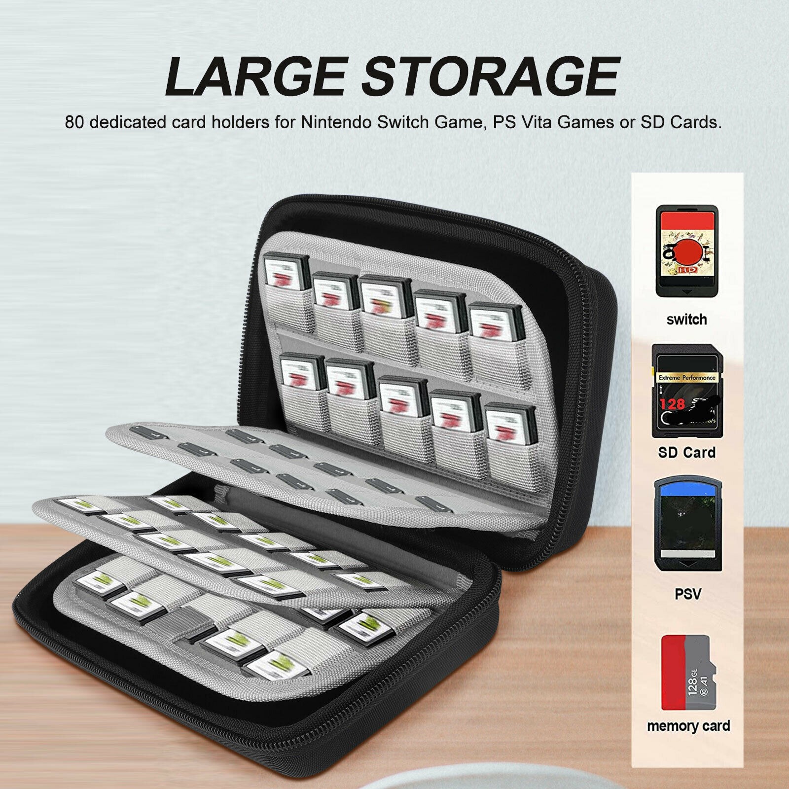 80-Slot Game Cartridge SD Card Holder Storage Bag for Nintendo Switch NS&PS Vita